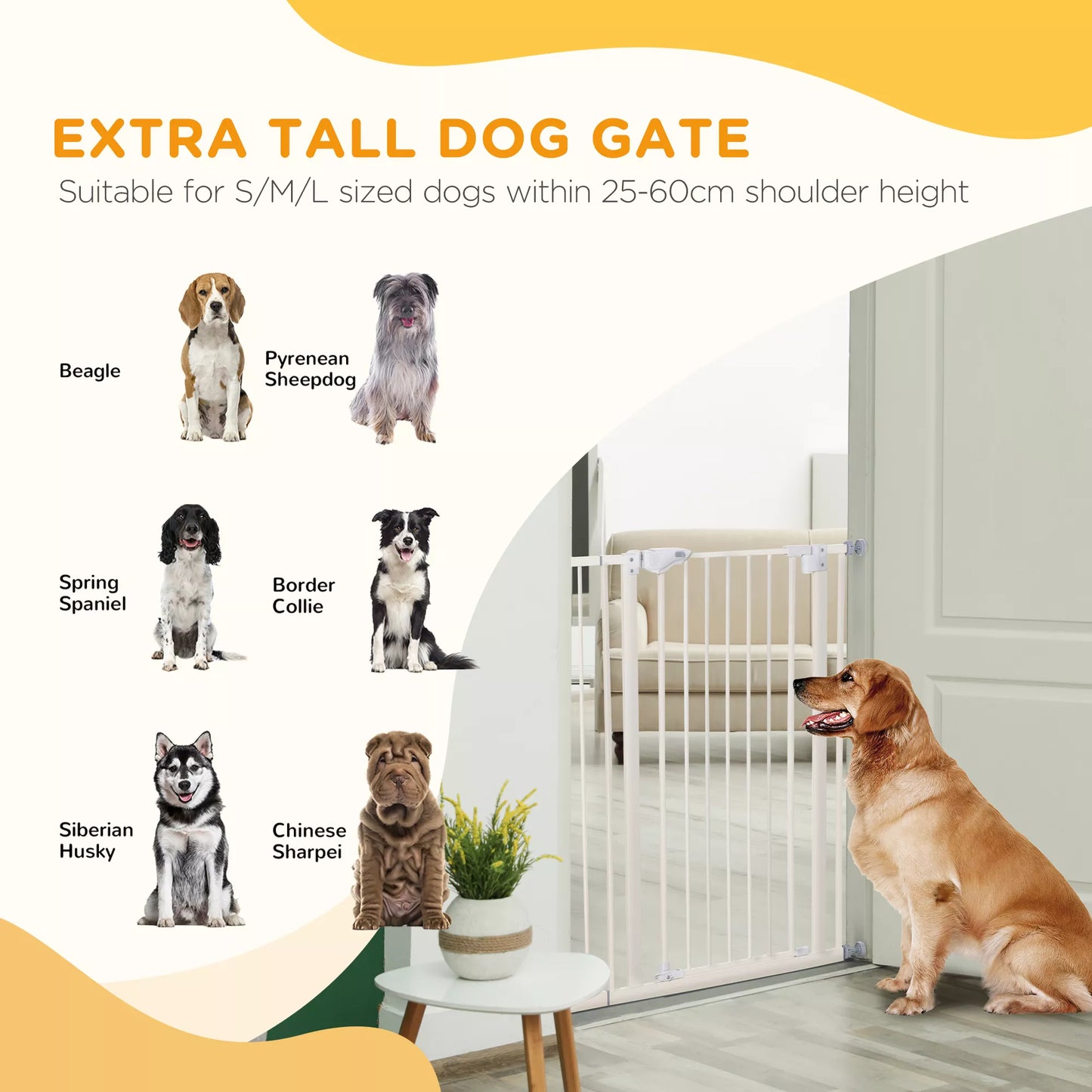 Apsauginiai varteliai šunims, itin aukšti, su automatiniu uždarymu, metaliniu rėmu, 97,5 x 104,1 cm, balti