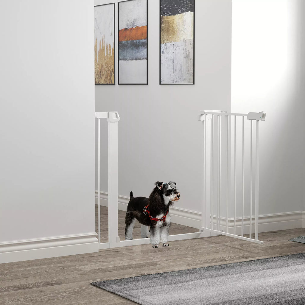Durų grotelės, montavimas be gręžimo, reguliuojamas plotis 75–96 cm, atidaromos viena ranka, metalinės, baltos, automatinio uždarymo kūdikių apsauginės grotelės