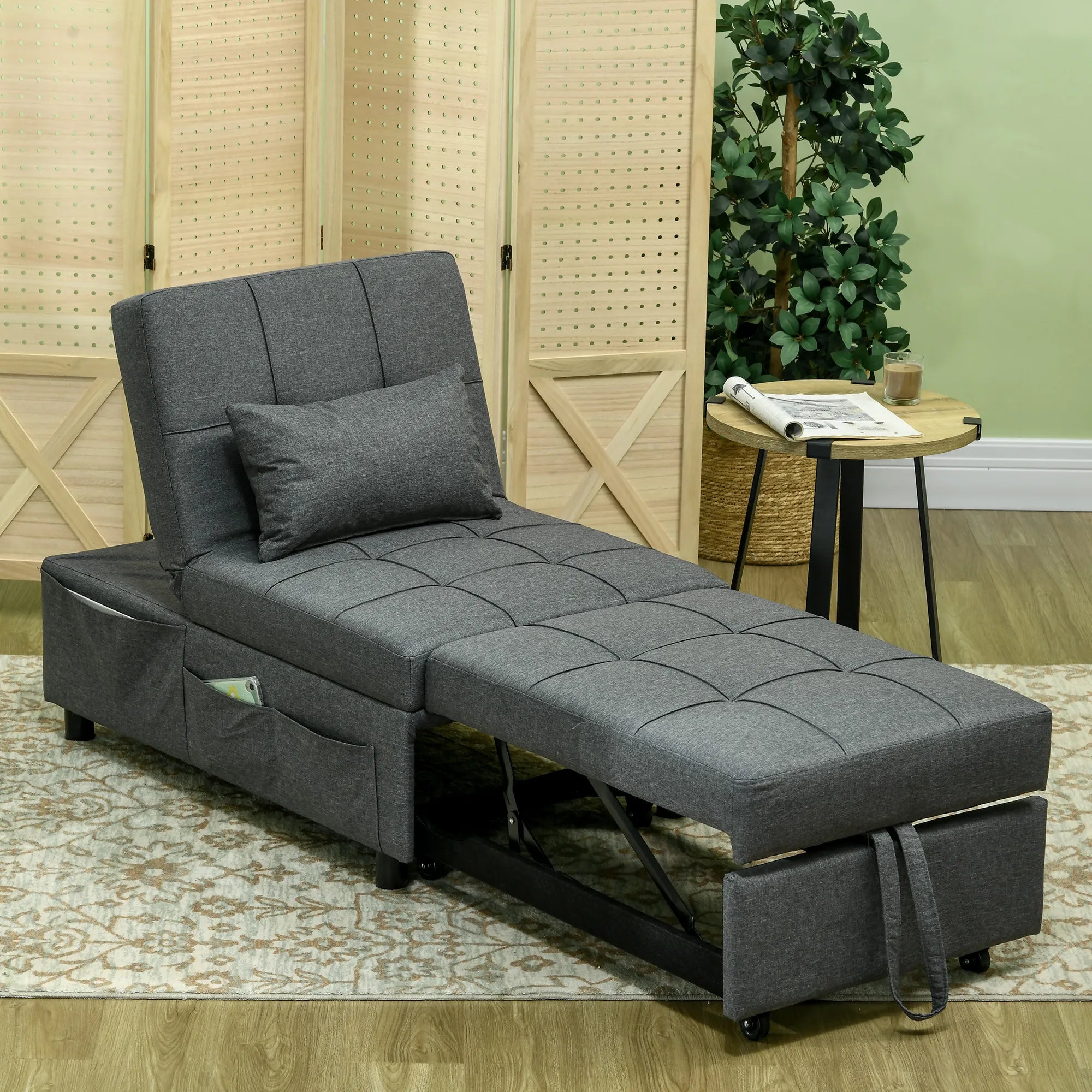 Patogus atlošiamasis fotelis-lova 3-in-1 fotelis, modernus, iki 150 kg, lininės išvaizdos, su pagalvėle, 65,5 x 104 x 81 cm, tamsiai pilkas