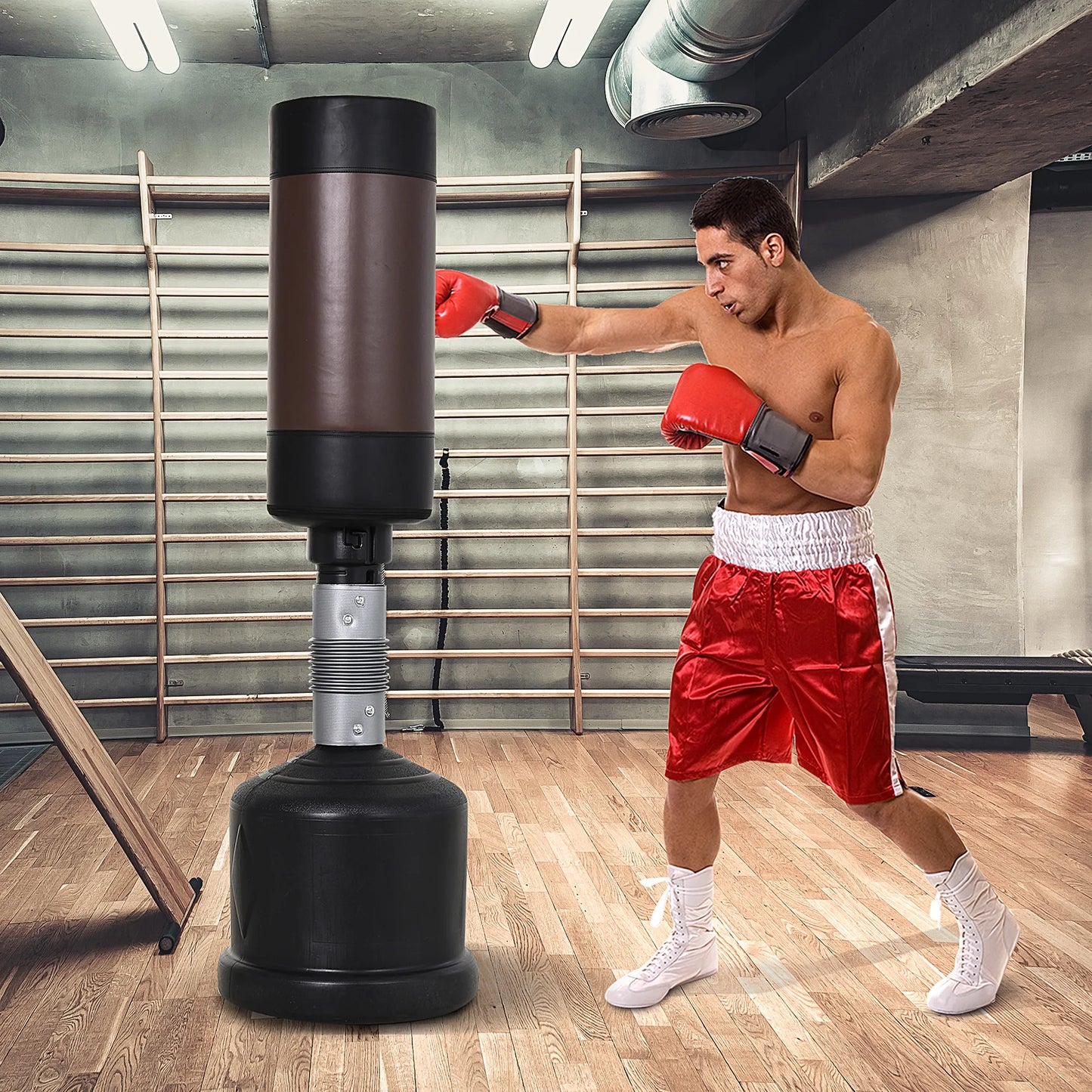 Stovas su bokso maišu, bokso manekenas, treniruočių stovas, bokso partneris, bokso maišas, 158-186 cm, reguliuojamas aukštis, NAUJAS, Juoda+Ruda