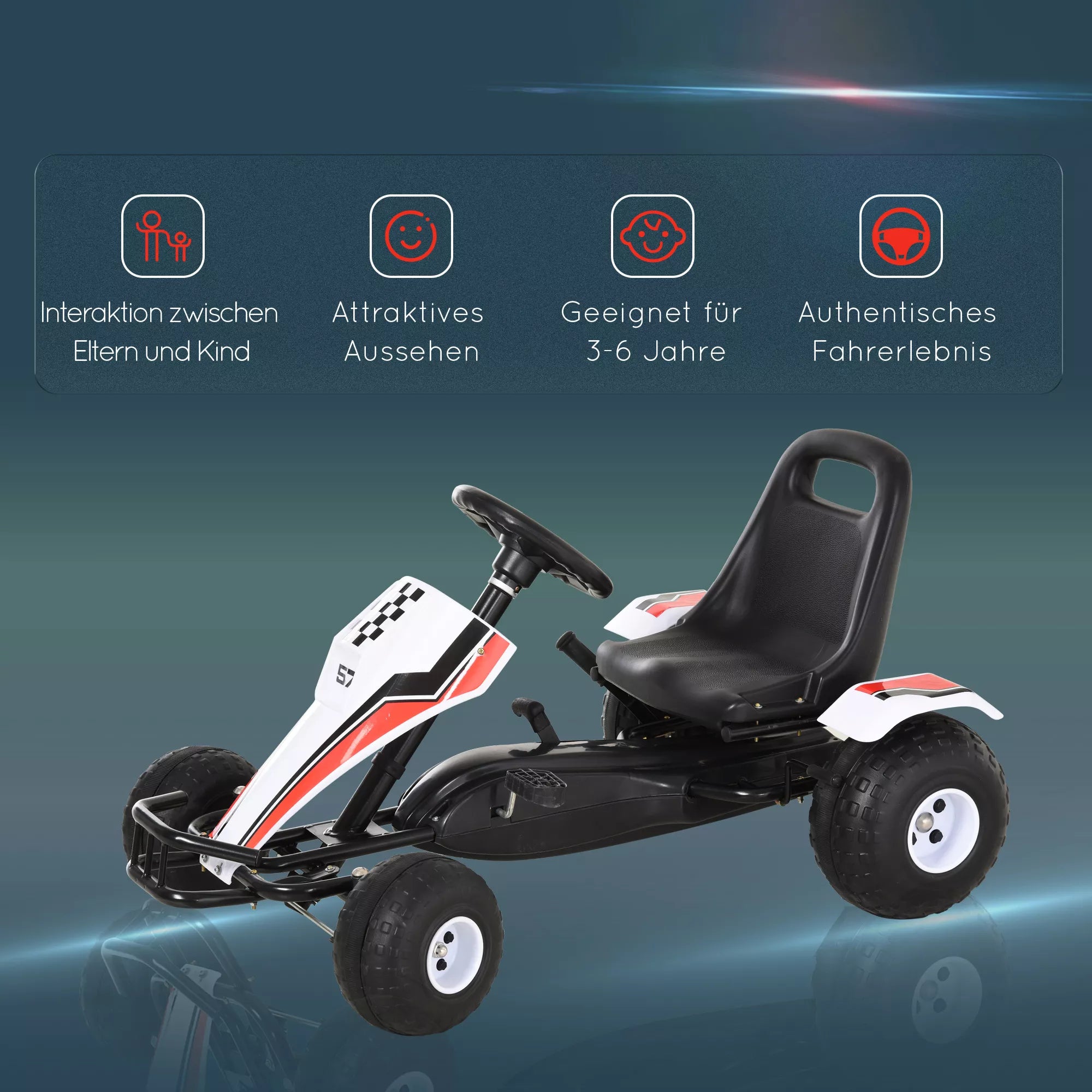 Baltas pedalinis kartingas su savybių piktogramomis