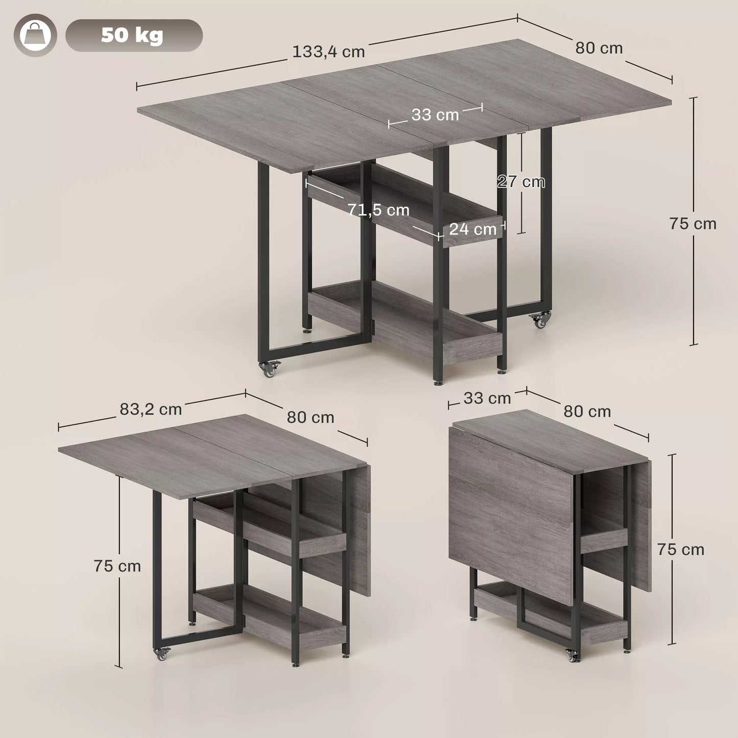 Sulankstomas valgomojo stalas pramoninio dizaino, skirtas iki 4 žmonių, su atviromis lentynomis, lankstus, metalas, medžio drožlių plokštė, pilkas
