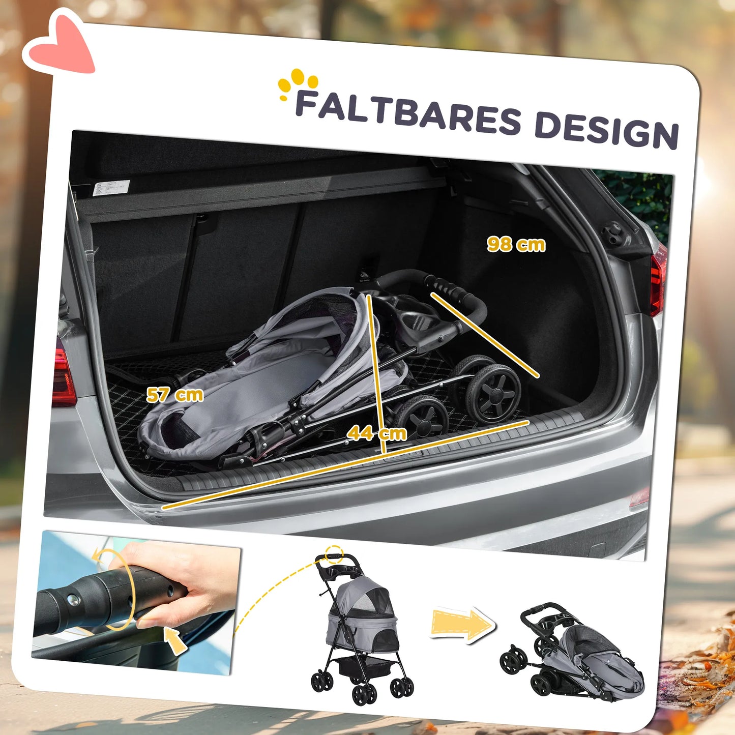 Šunų vežimėlis iki 4 kg, sulankstomas, su tinklelio langeliu, apatiniu krepšiu, puodelio laikikliu, nuimamu stogeliu, pilkas, 67 x 45 x 96 cm