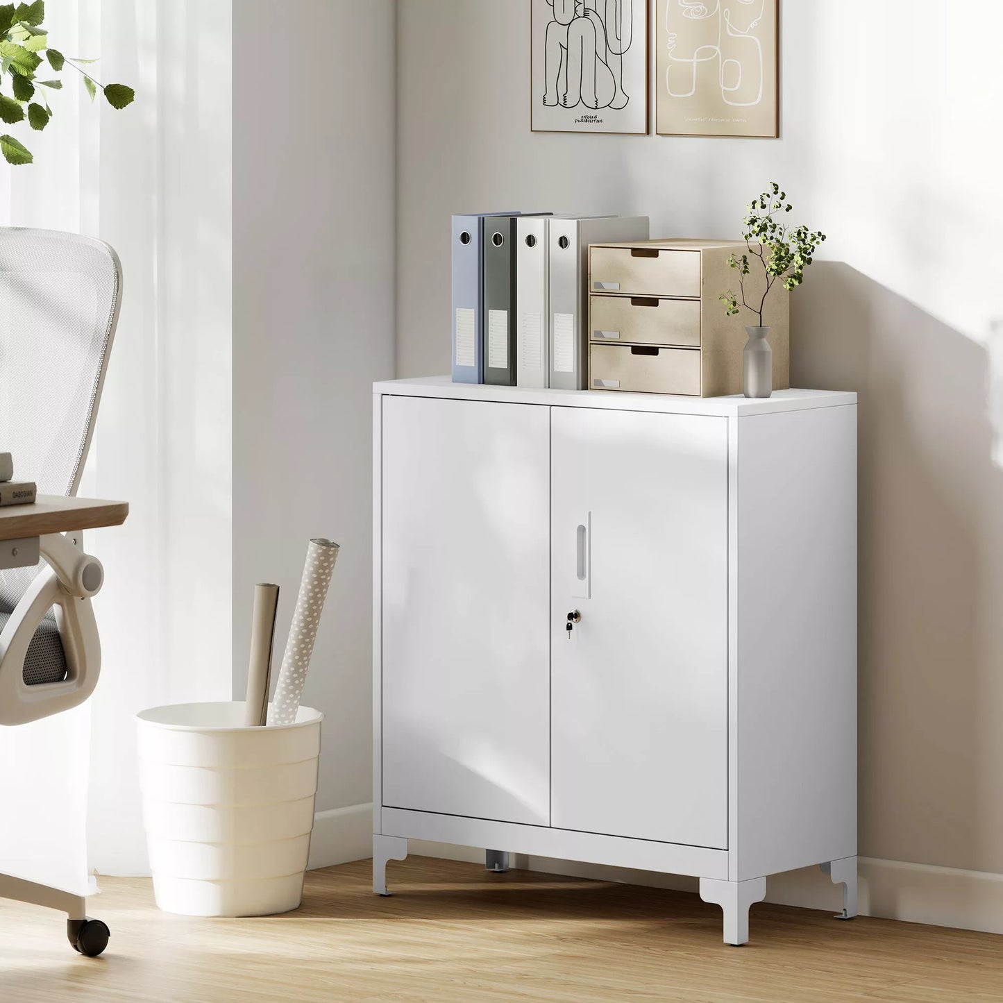 Metalinė biuro spinta, užrakinamos durys, biuro komoda, 2 pakopų dizainas, balta