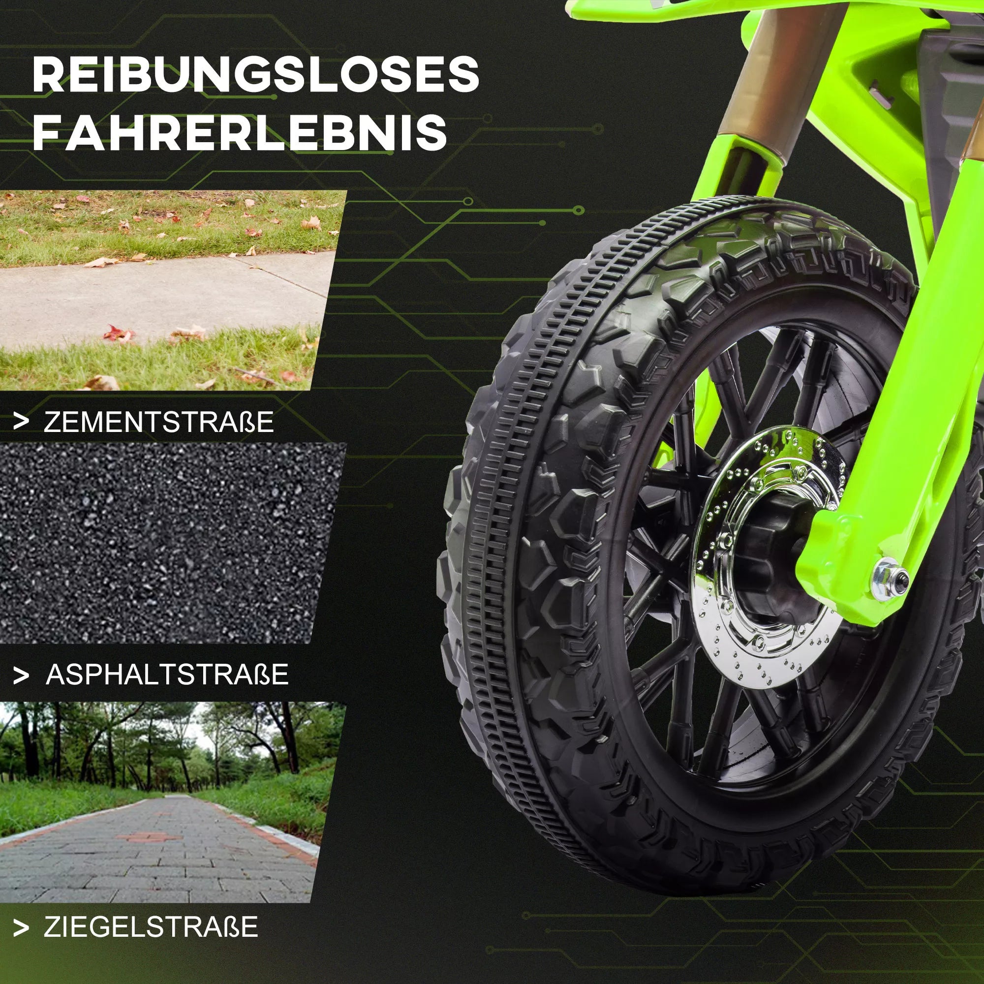 Elektrinis motociklas vaikams, 6 V baterija, pagalbiniai ratai, signalas, paleidimo garsas, 3–8 metai, žalias