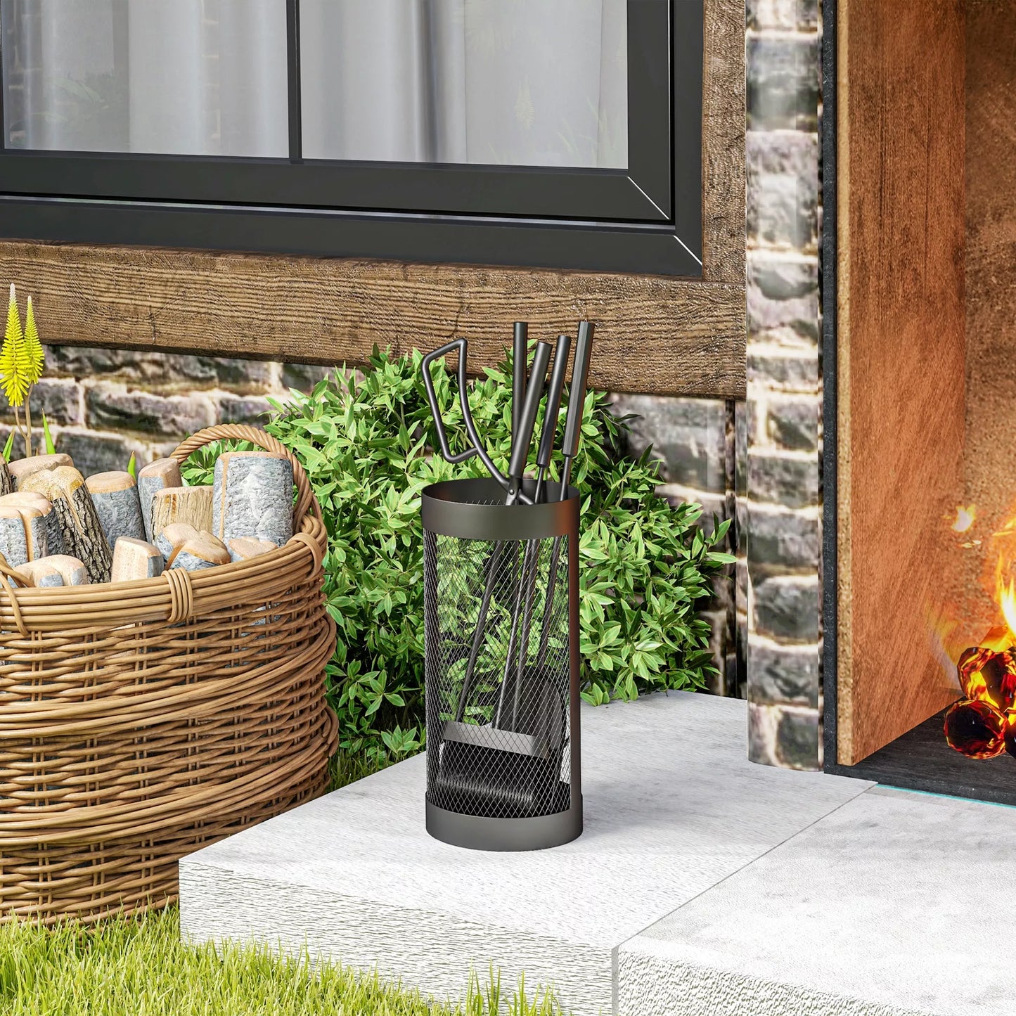 5 dalių židinio įrankių komplektas: šluota, kastuvas, žnyplės, pakūros pagaliukas ir krepšys, pagamintas iš ugniai atsparaus juodo metalo