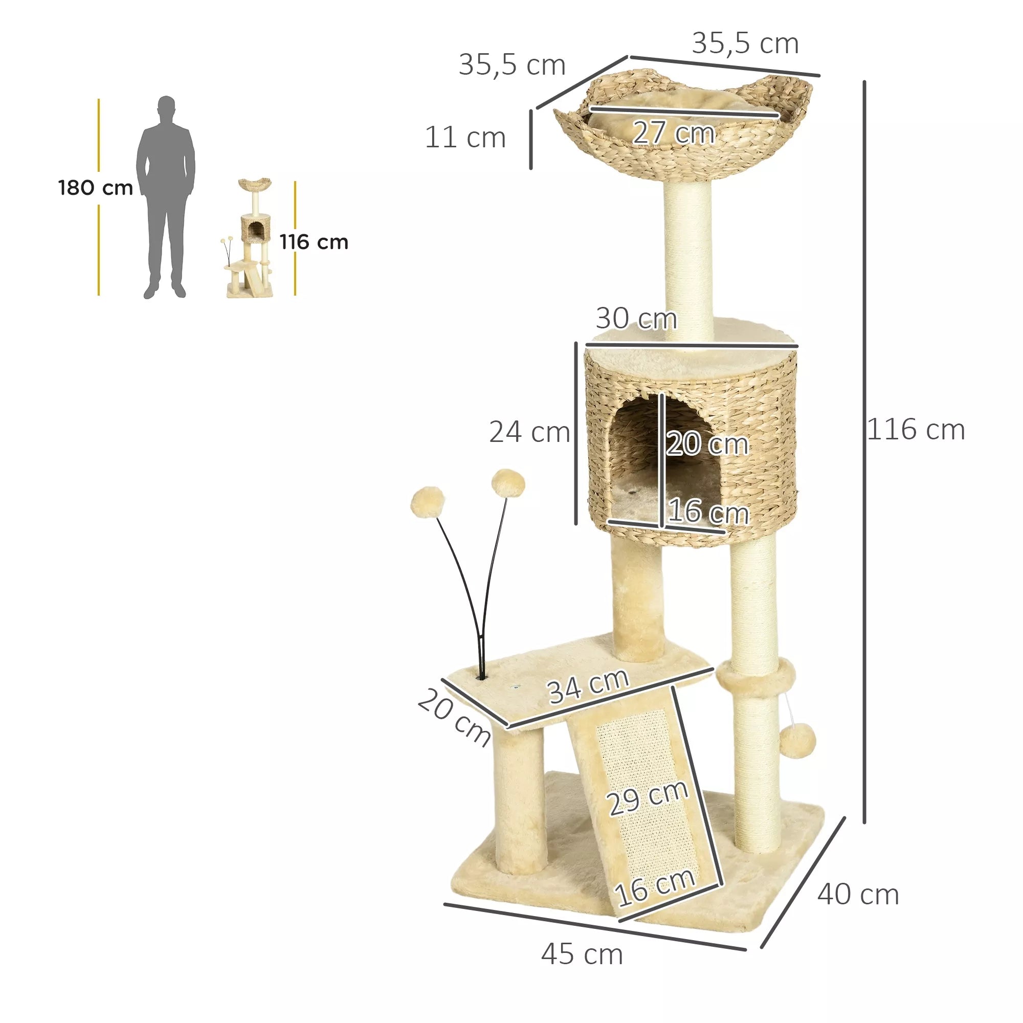 Katės draskyklė su nameliu ir gultu, 116 cm, smėlio spalvos