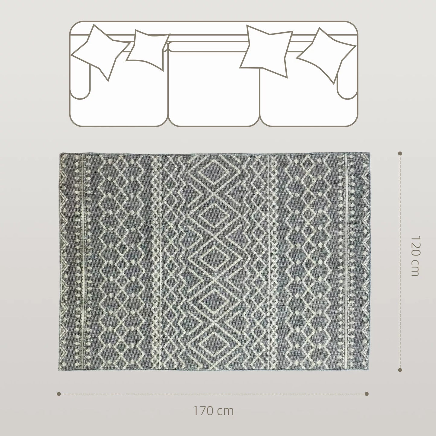 Pilkas lauko ir vidaus kilimas, Boho dizainas, lengvai valomas