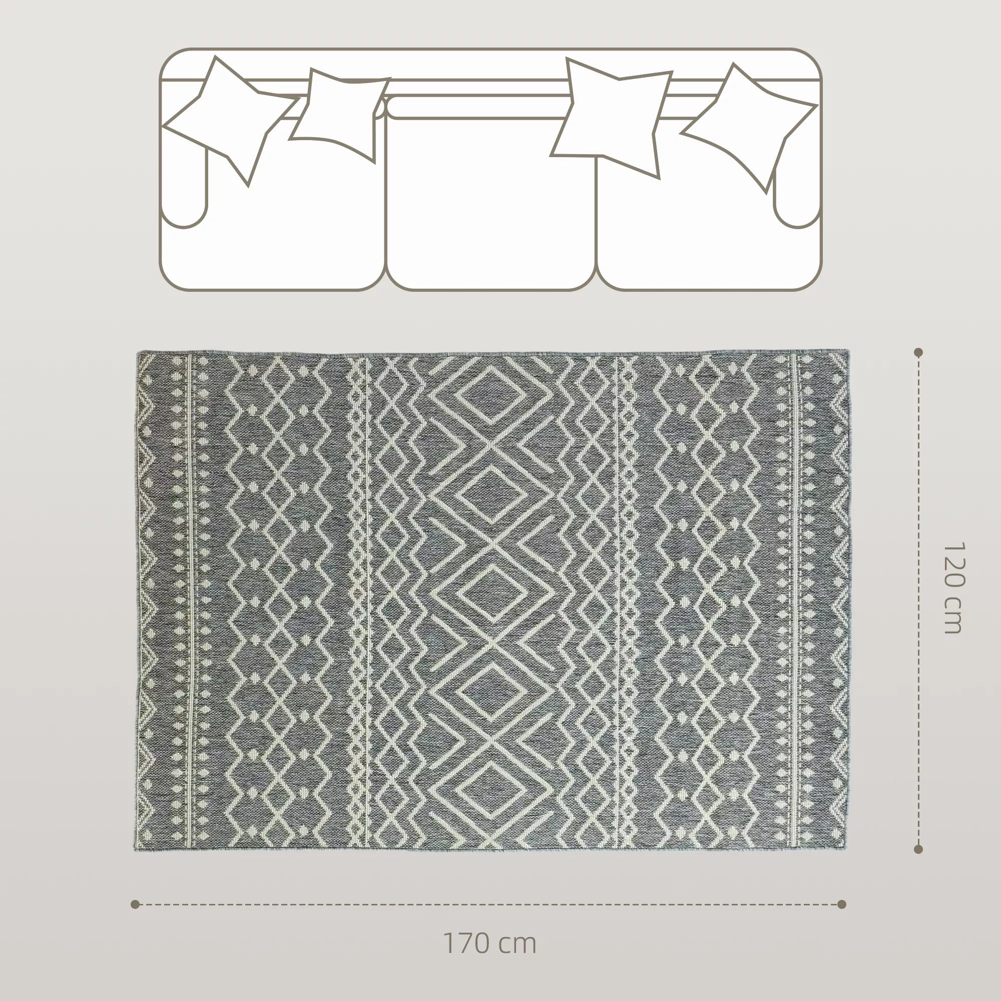 Kilimas vidaus ir lauko naudojimui, boho stiliaus dizainas, lengvai valomas, pilkos spalvos