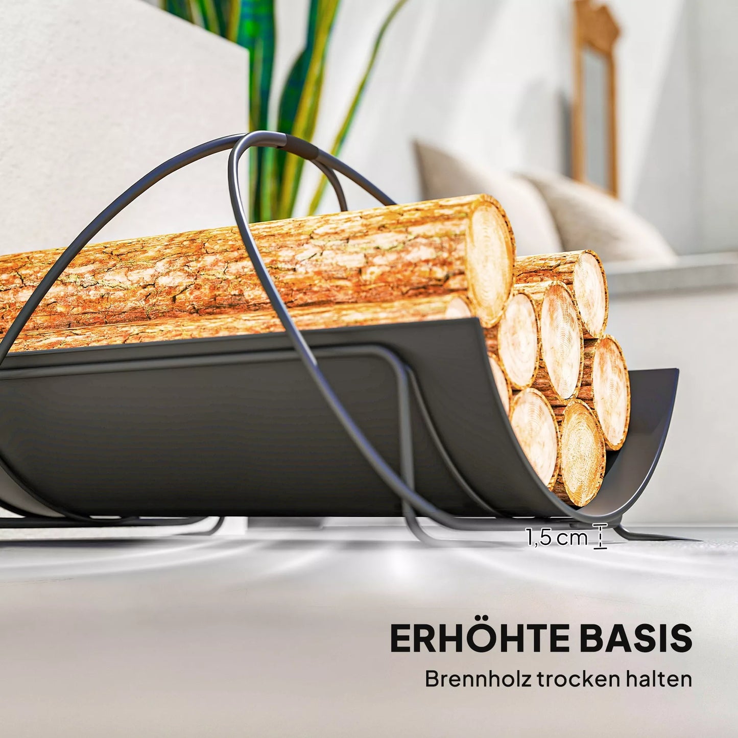 Vidinė malkų laikymo lentyna 51 x 38 x 33cm, geometrinis malkų stovas su metaline rankena, juoda