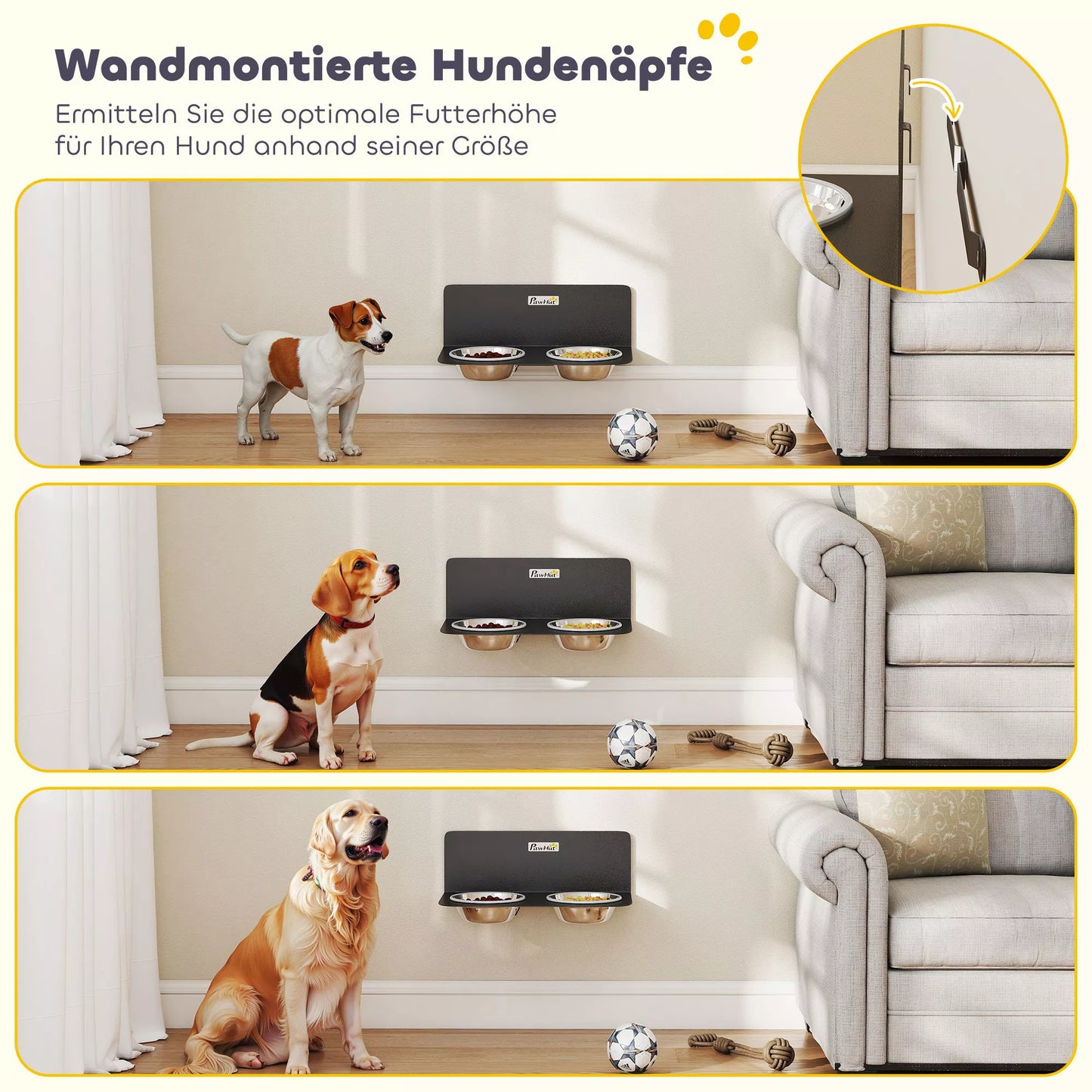 Šunų dubenėlis, reguliuojamas aukščio, tvirtinamas prie sienos, su 2 x 800 ml nerūdijančio plieno dubenėliais, 42 x 23,5 x 14 cm, juodas