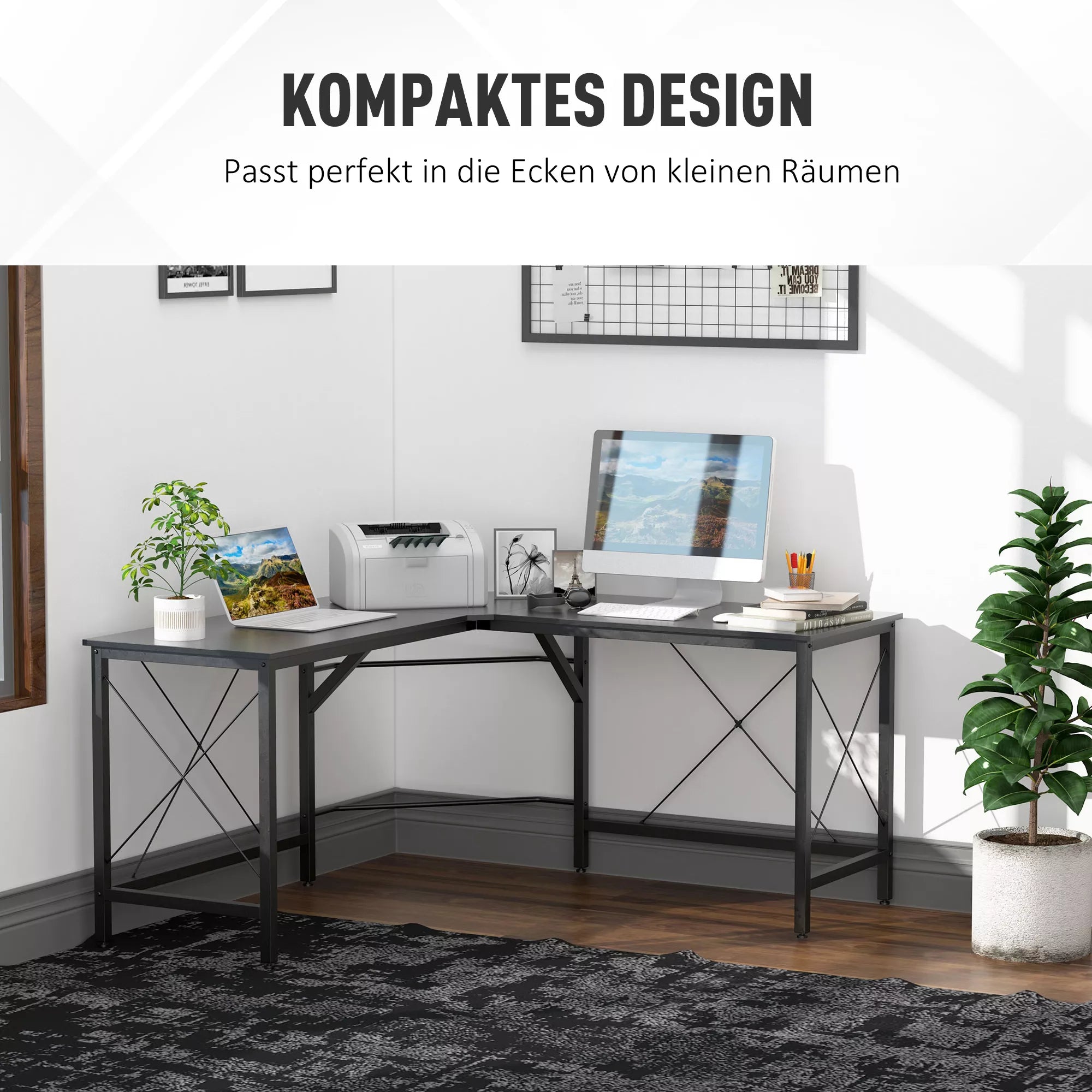 Kompiuterio stalas, rašomasis stalas, L formos kampinis stalas, MDF, juodas, 150 x 150 x 76 cm