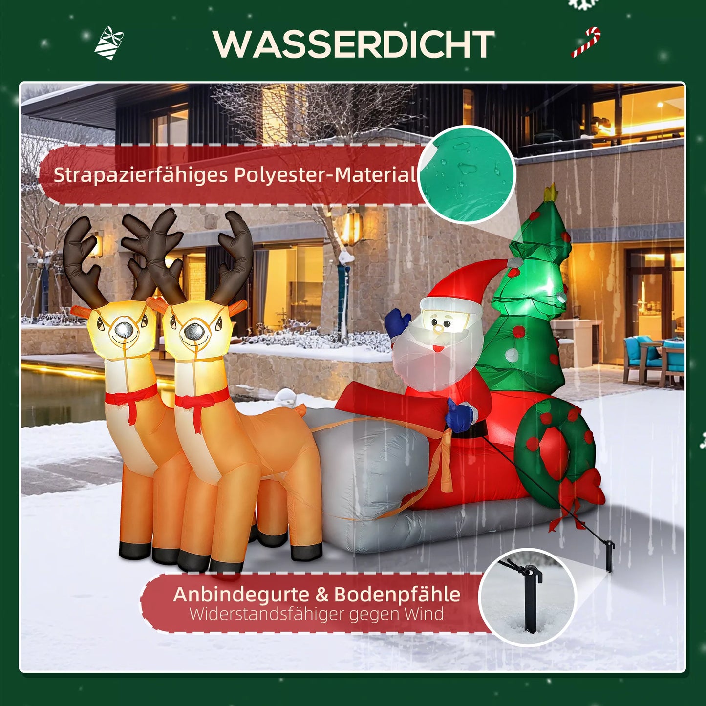 Pripučiama kalėdinė puošmena, Kalėdų senelis su elnių rogutėmis, poliesterio audinys, LED lemputės, spalvinga