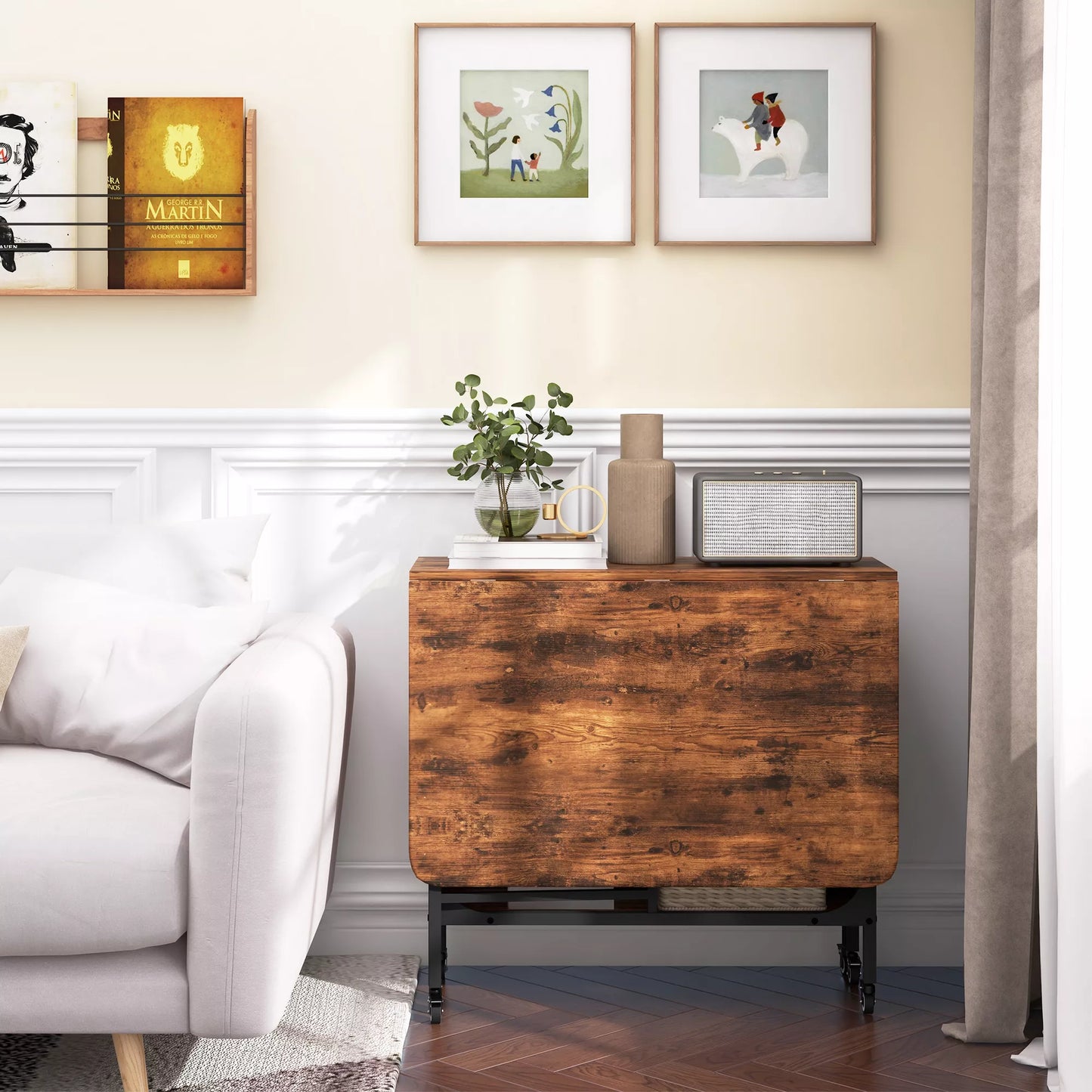 Sulankstomas valgomojo stalas, Mobilus sulankstomas stalas 6 žmonėms, su lentyna, atlaiko iki 50 kg, 130 x 80 x 74 cm, raudonai rudos spalvos