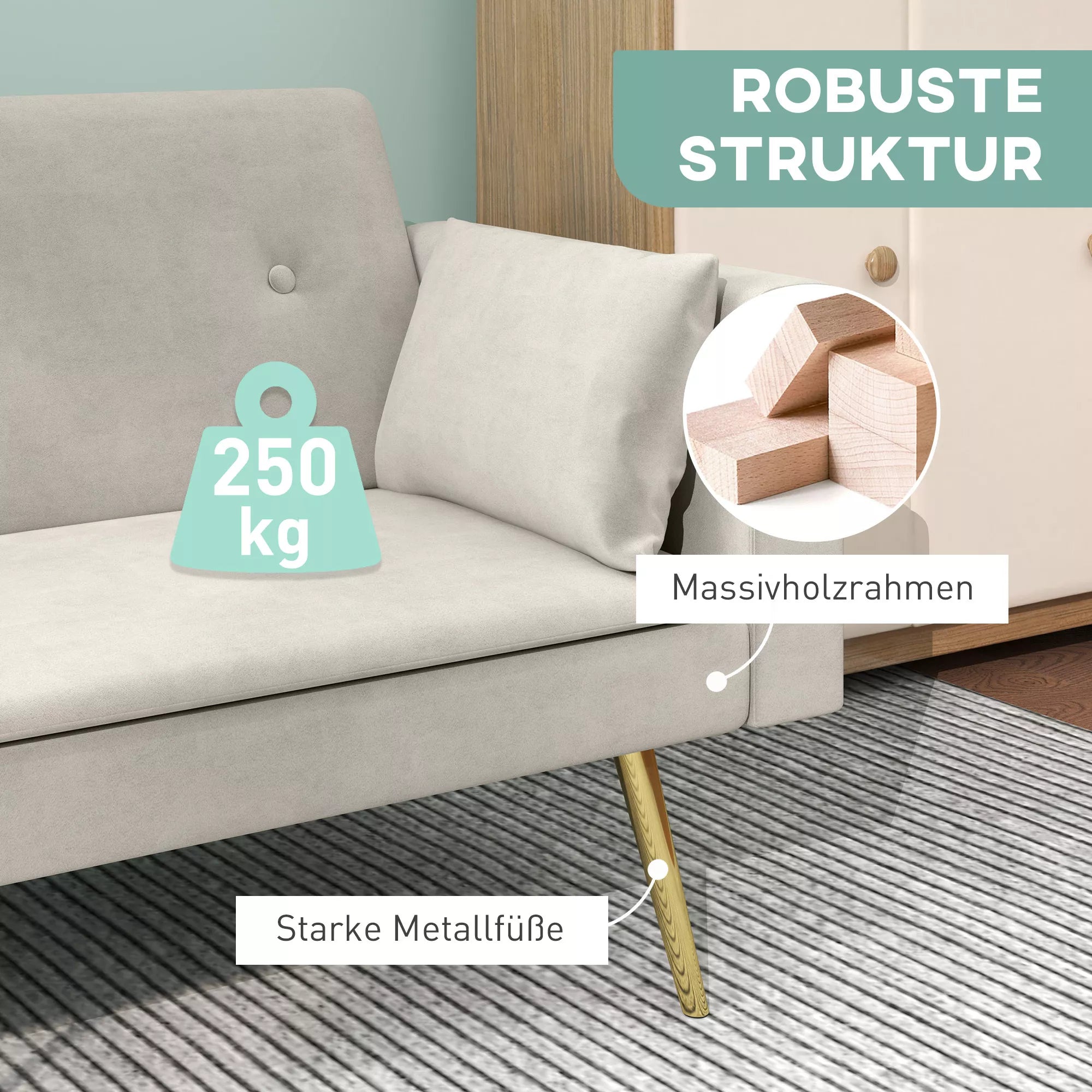2 vietų sofa-lova, reguliuojama atlošas, minkštos pagalvės, aksominis gobelenas, svetainei, svečių kambariui, smėlio spalvos