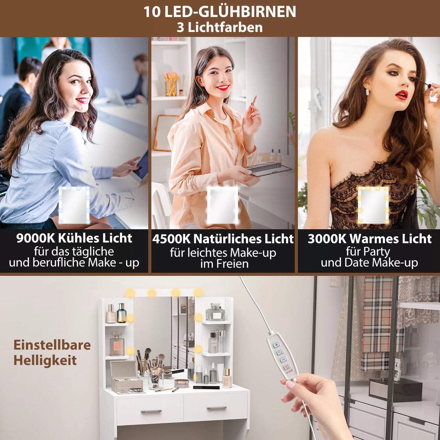 Kosmetinis staliukas su veidrodžiu ir pritemdomomis LED lemputėmis, stalčiais, lentynomis, balta