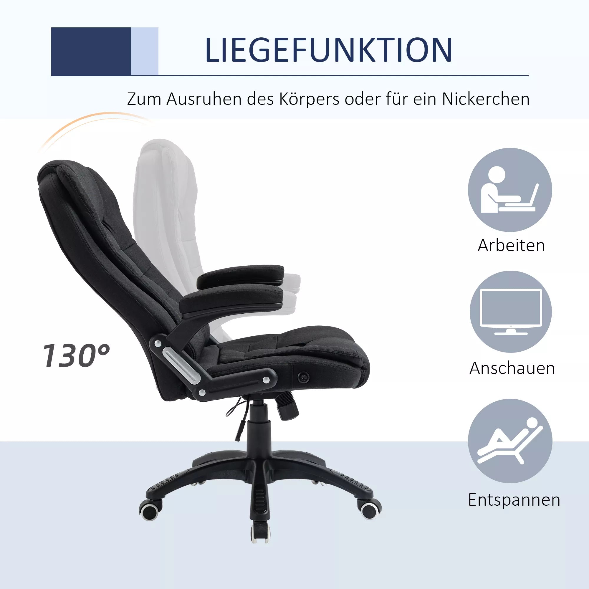 Biuro kėdė, kompiuterio kėdė, atlošiama poilsiui, aukščio reguliavimo rašomojo stalo kėdė, ergonomiška, 360°, putplastis, plastikas, lininis poliesteris, juoda, 65 x 72 x 100-120 cm