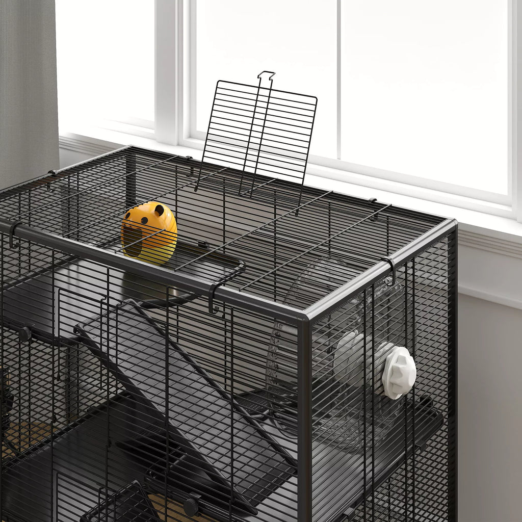 Hamsterio narvas su stikliniu dugnu, 4 pakopų žiurkėno voljeras su namelyje ir priedais, 78,5 ilgis x 48,5 plotis x 80 aukštis cm, juodas