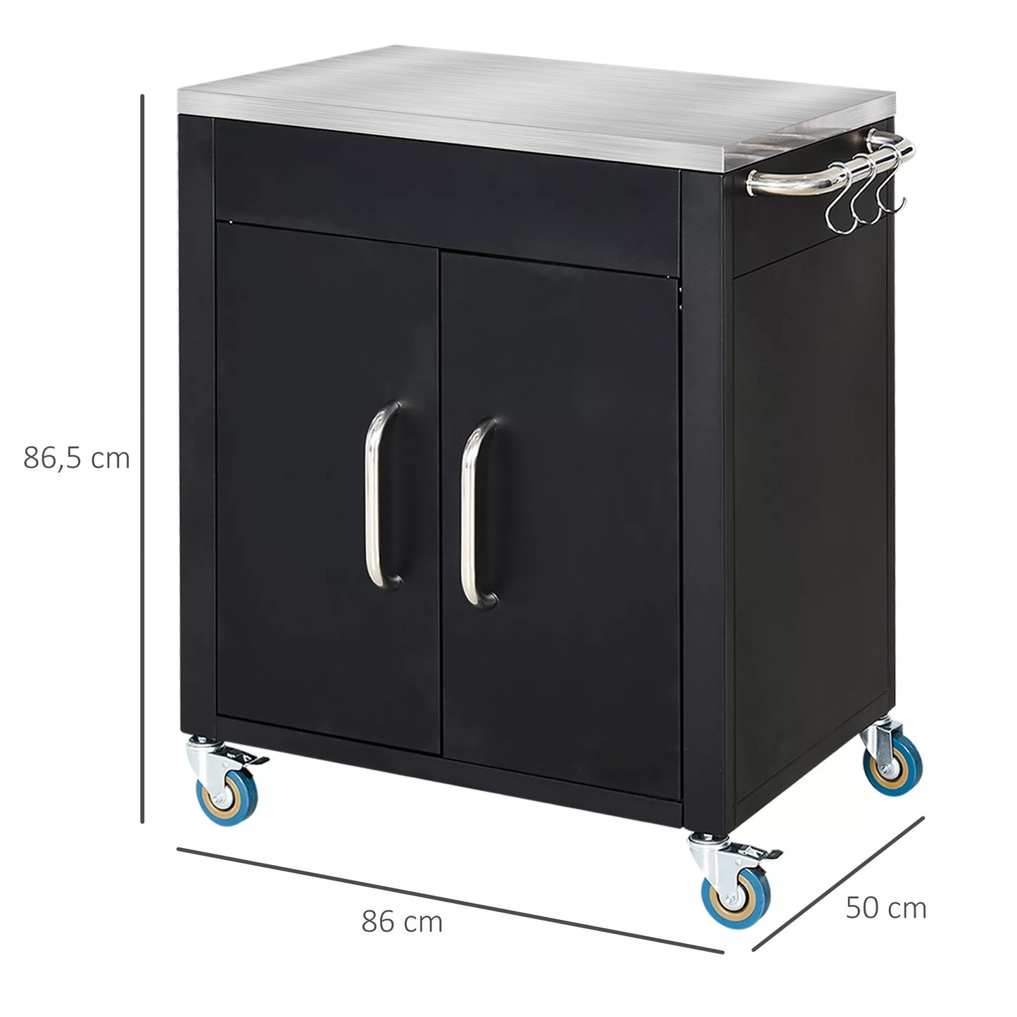 Virtuvės vežimėlis su ratukais, padavimo vežimėlis, vežimėlis su spintele, kabliais ir nerūdijančio plieno rankenomis, virtuvės pagalbininkas, nerūdijančio plieno BBQ grilio stalas Virtuvės vežimėlis, 86 x 50 x 86,5 cm Juodas