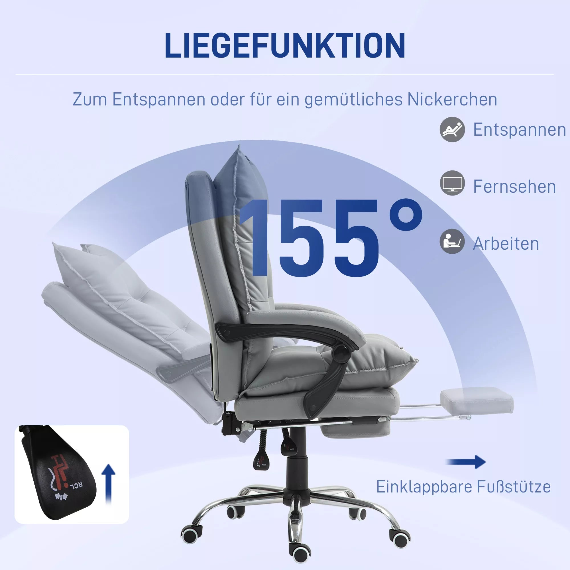 Ergonomiška biuro kėdė, reguliuojamas sėdynės aukštis, pakreipiamas atlošas, dirbtinė oda, šviesiai pilka