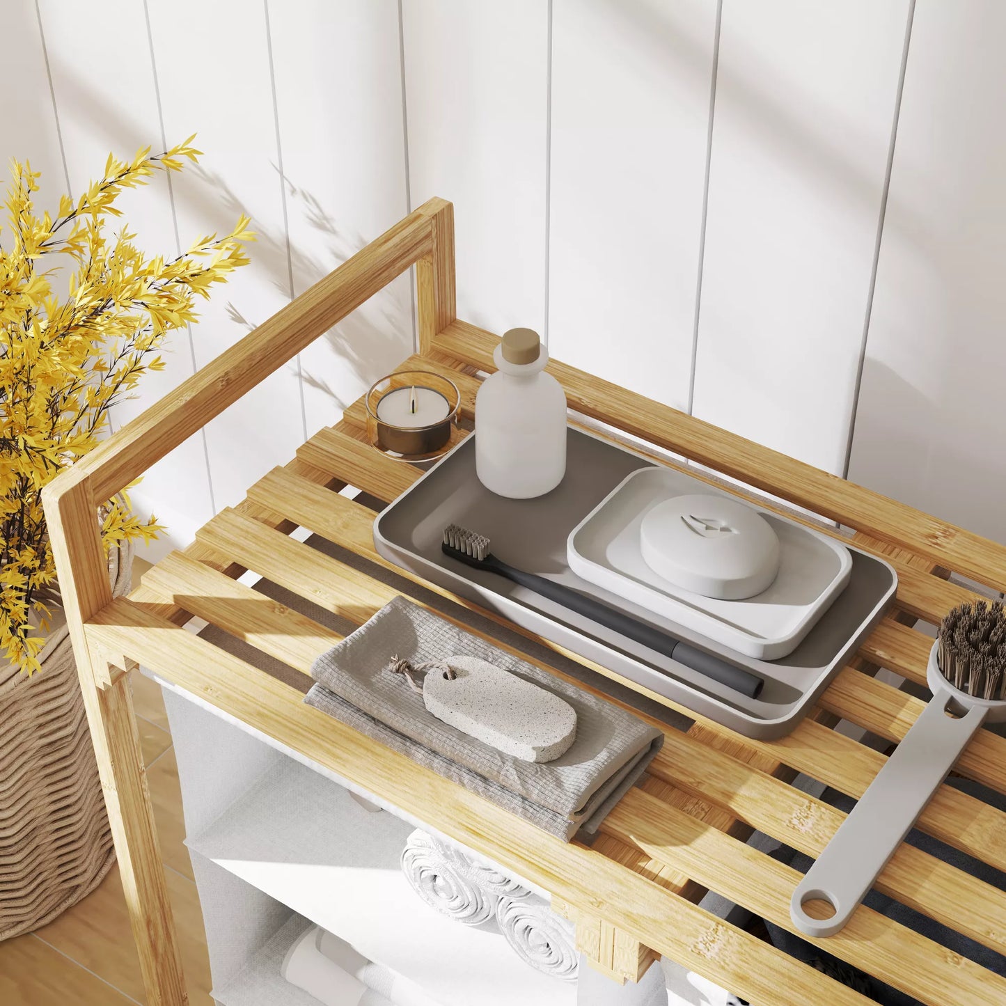 Skalbinių krepšys su skalbinių maišu, audinio stalčius, bambukas, 70x36x70 cm, Balta/mediena