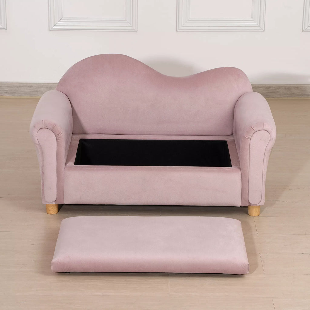 Vaikiškas sofos komplektas, dvivietė sofa vaikams nuo 3 iki 5 metų, daiktų laikymo dėžė, natūralaus medžio rėmas, 84 x 41,5 x 48,5 cm, rožinė
