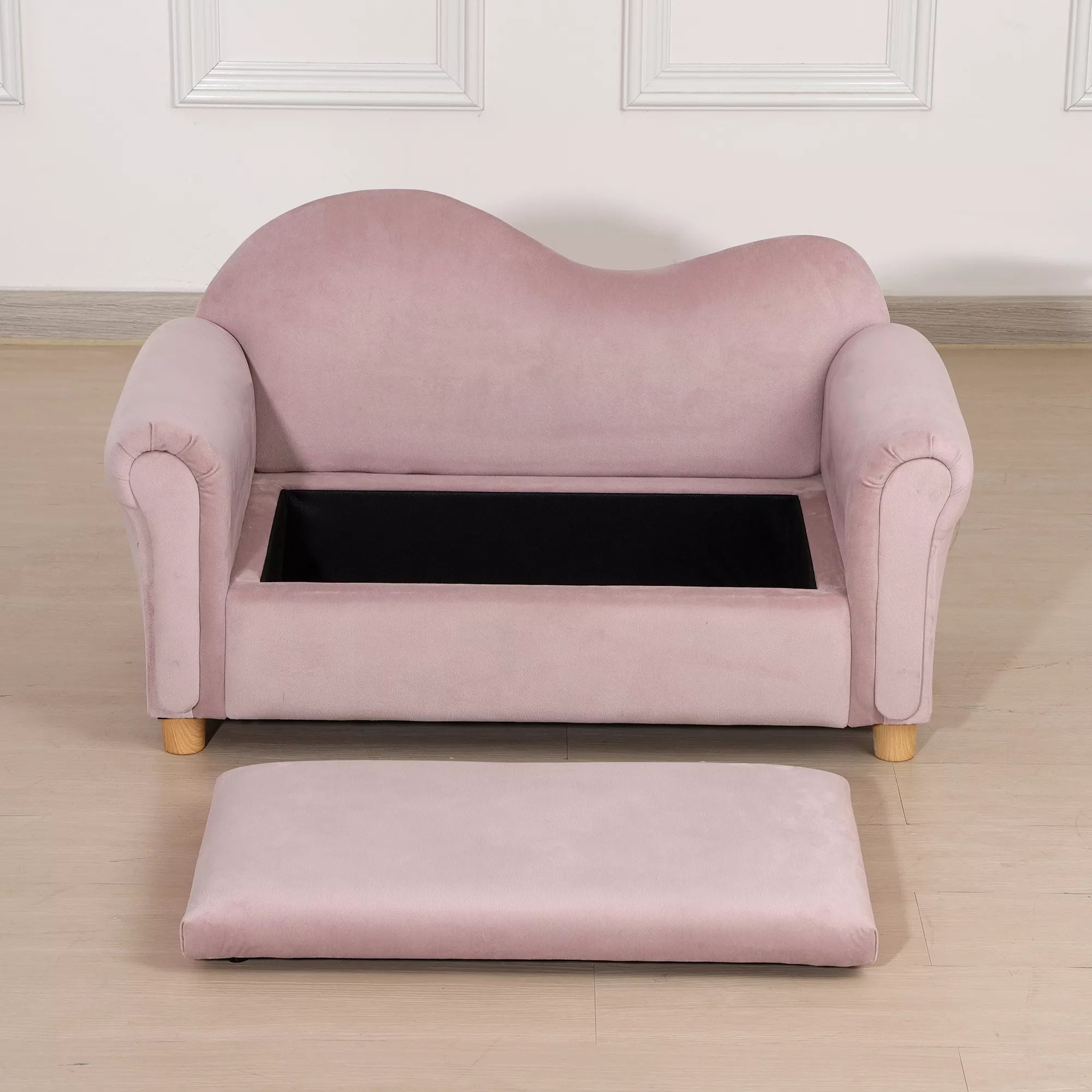 Vaikiškas sofos komplektas, dvivietė sofa vaikams nuo 3 iki 5 metų, daiktų laikymo dėžė, natūralaus medžio rėmas, 84 x 41,5 x 48,5 cm, rožinė