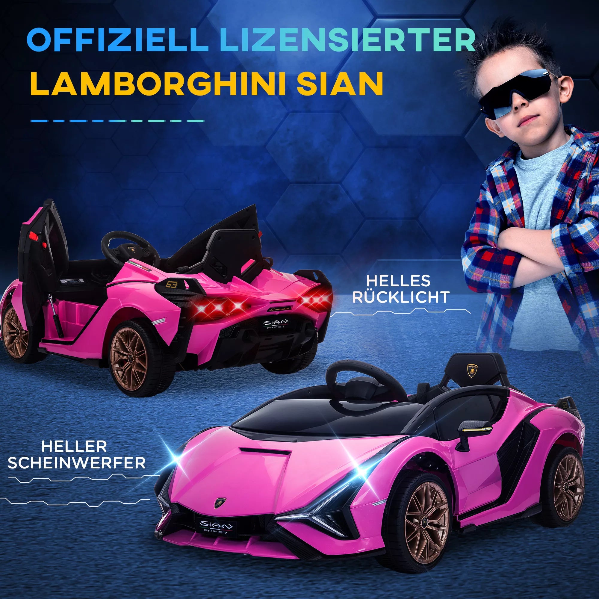 Berniukas prie rožinio vaikų Lamborghini su įjungtais žibintais