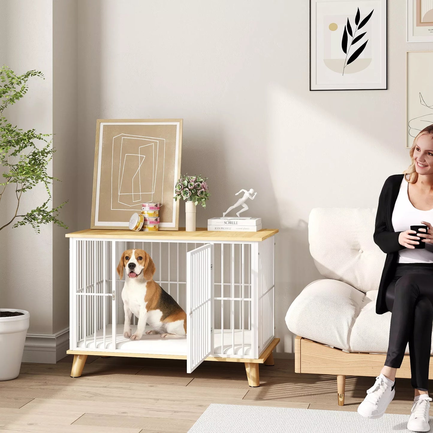 Šunų narvas su užrakinamomis durimis, nuimama pagalvėlė, gera ventiliacija, plienas, 86x60x70 cm, balta+pilka