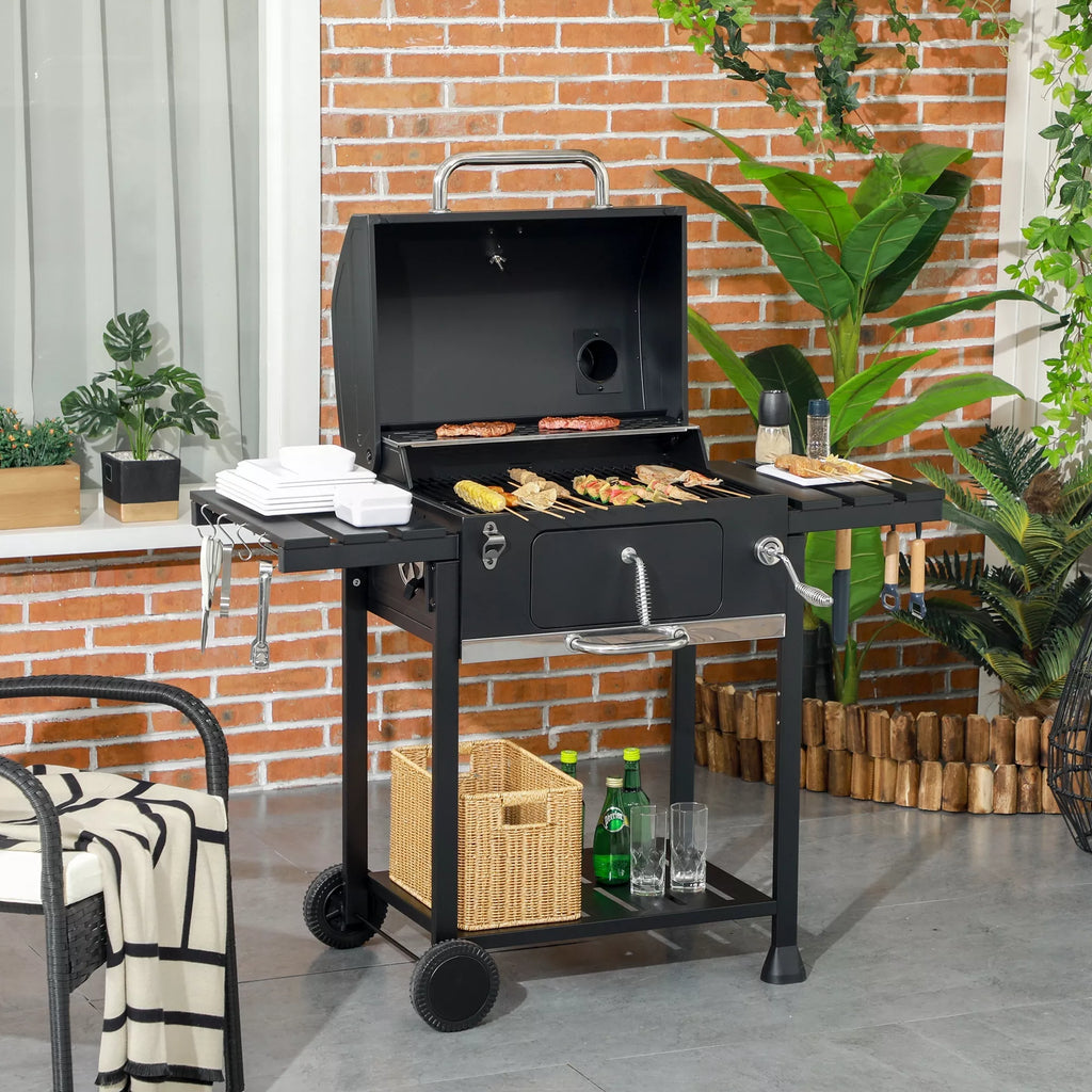 Anglies grilis-barbekiu-rūkynė, su termometru ir butelių atidarytuvu, 120 x 64 x 114 cm, juodos spalvos