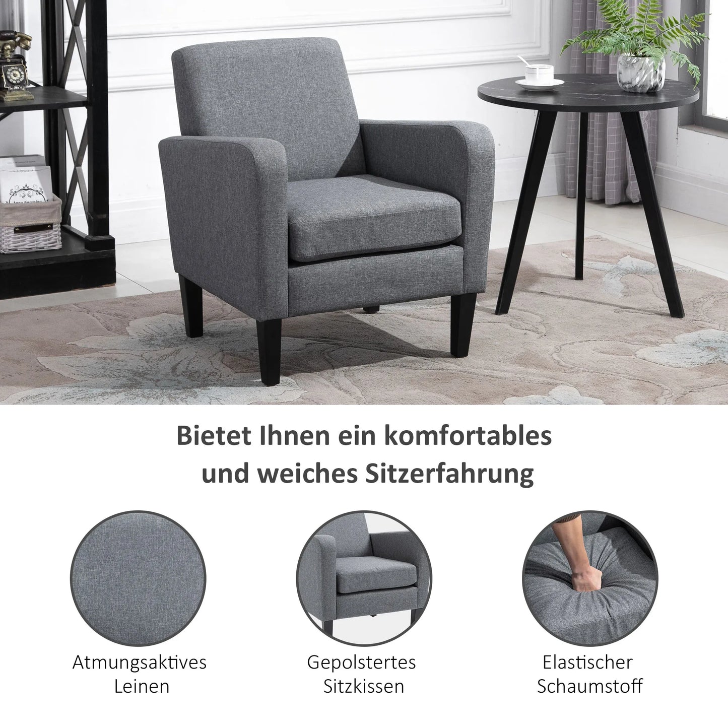 Vienvietis fotelis, relaksacinis fotelis, minkštas fotelis su medinėmis kojelėmis, linininio audinio išvaizda, 66 x 72 x 74 cm, šviesiai pilkas