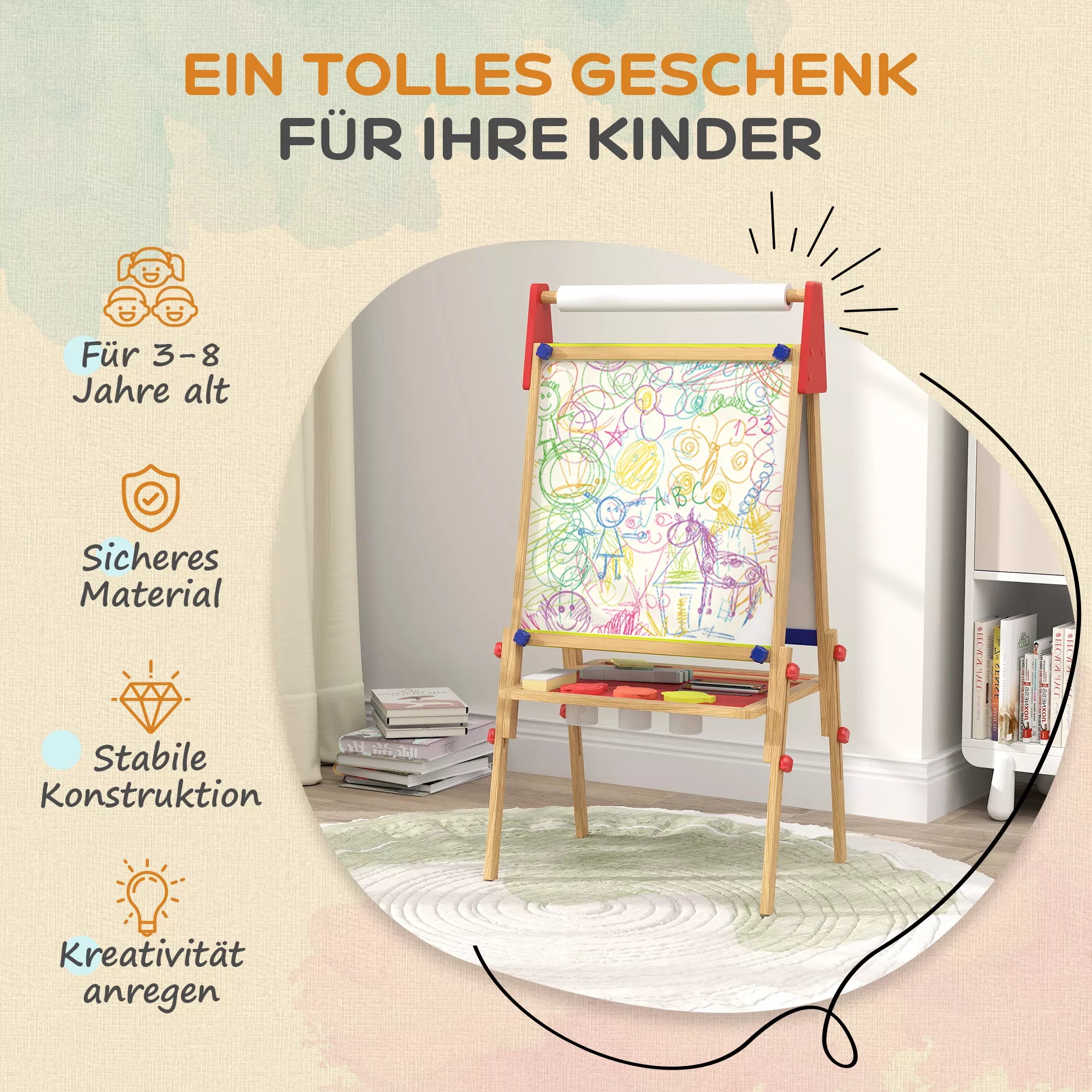 3-in-1 Vaikiškas molbertas, kreidinė lenta, rašomoji lenta, popieriaus ritinėlis, su priedais, pušies mediena, reguliuojamas