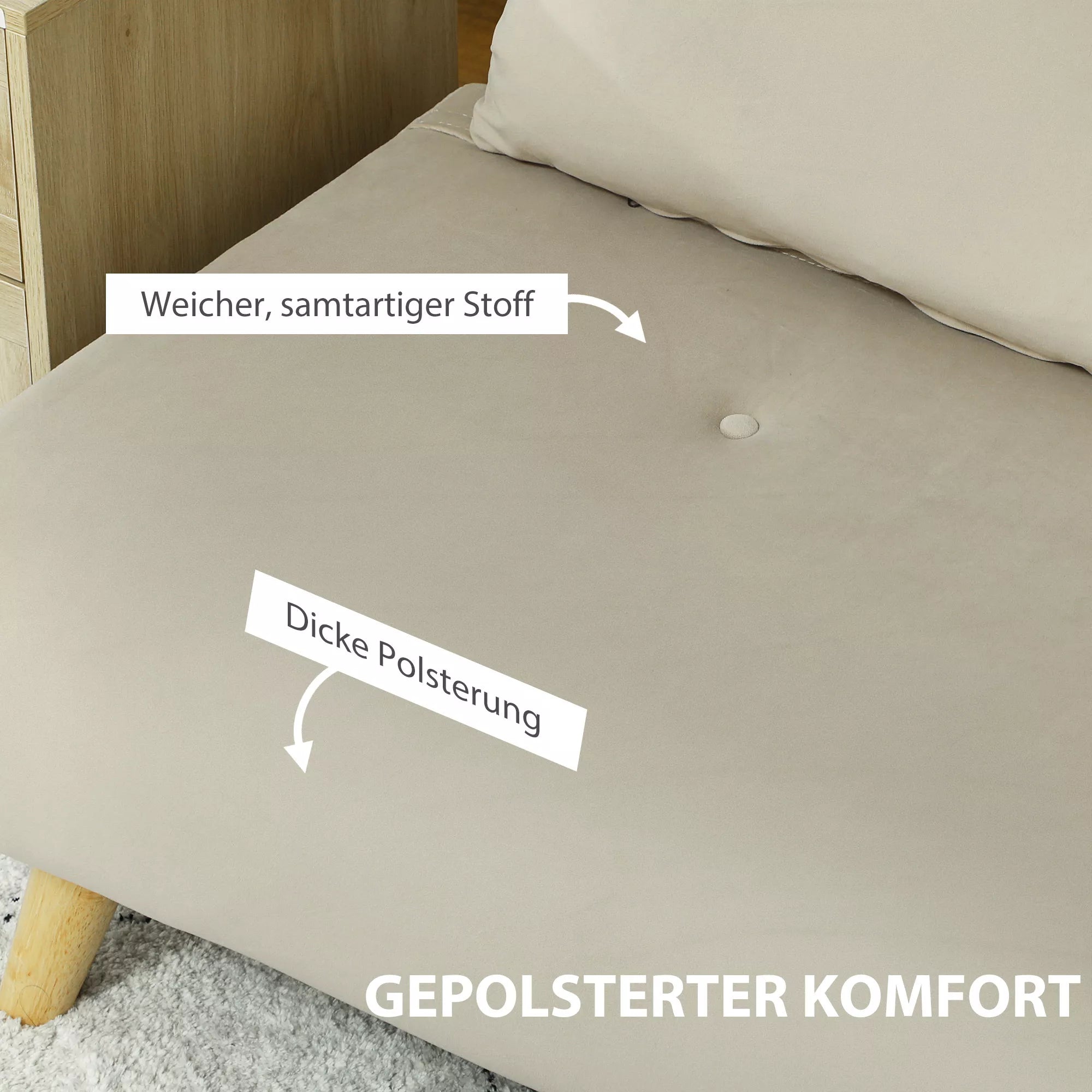 Miegamasis sofa Relaxsofa Sofa Couch, su 2 pagalvėmis, aksomo išvaizda, 130 x 78 x 79 cm, smėlio spalvos