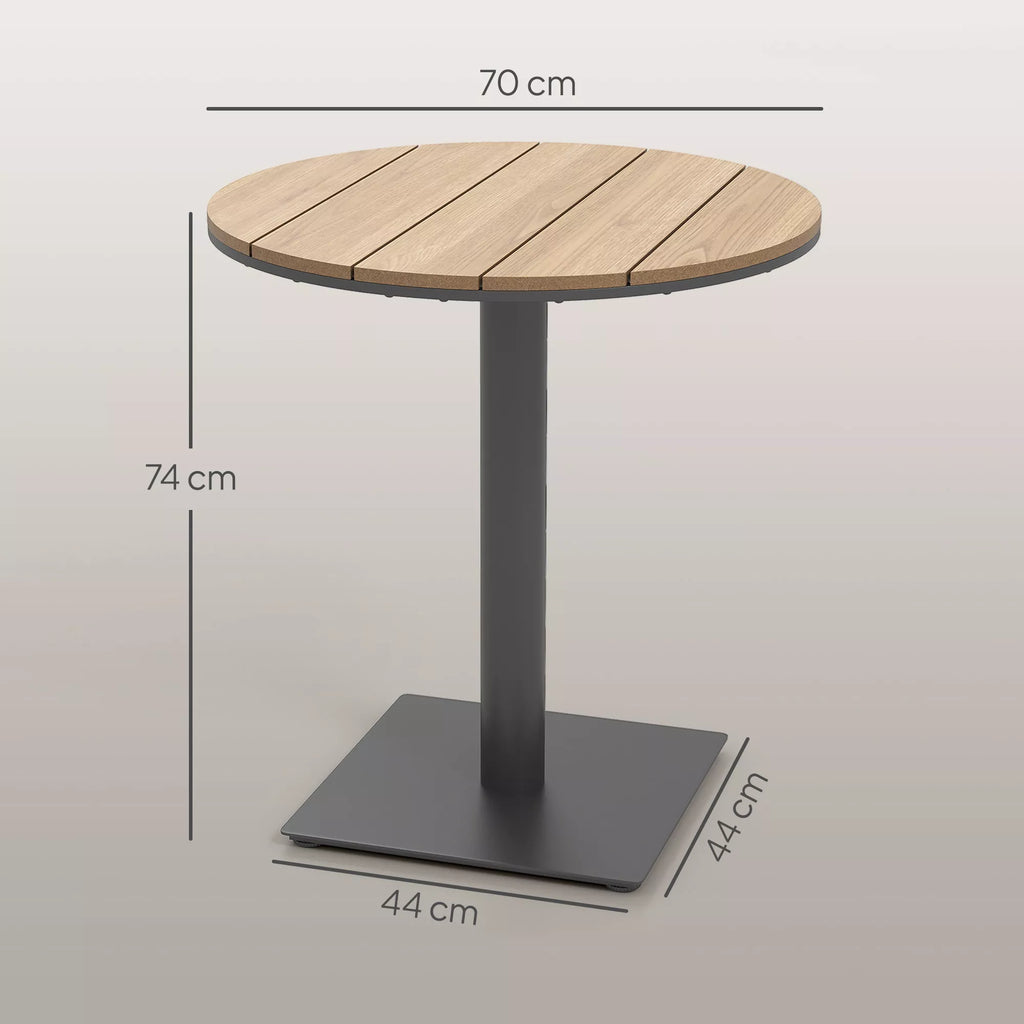 Sodo stalas Ø70 cm, atsparus atmosferos poveikiui Apvalus balkono stalas su lamelių dizainu, plienas Ø70 x 74H cm Natūralus medis