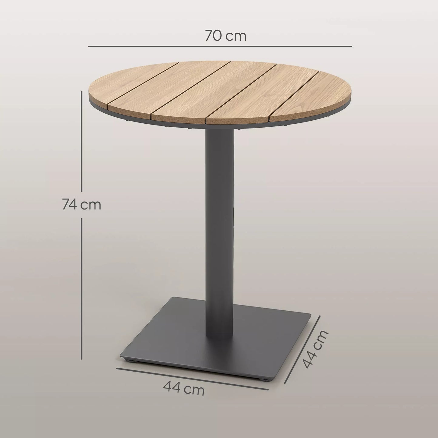 Sodo stalas Ø70 cm, atsparus atmosferos poveikiui Apvalus balkono stalas su lamelių dizainu, plienas Ø70 x 74H cm Natūralus medis