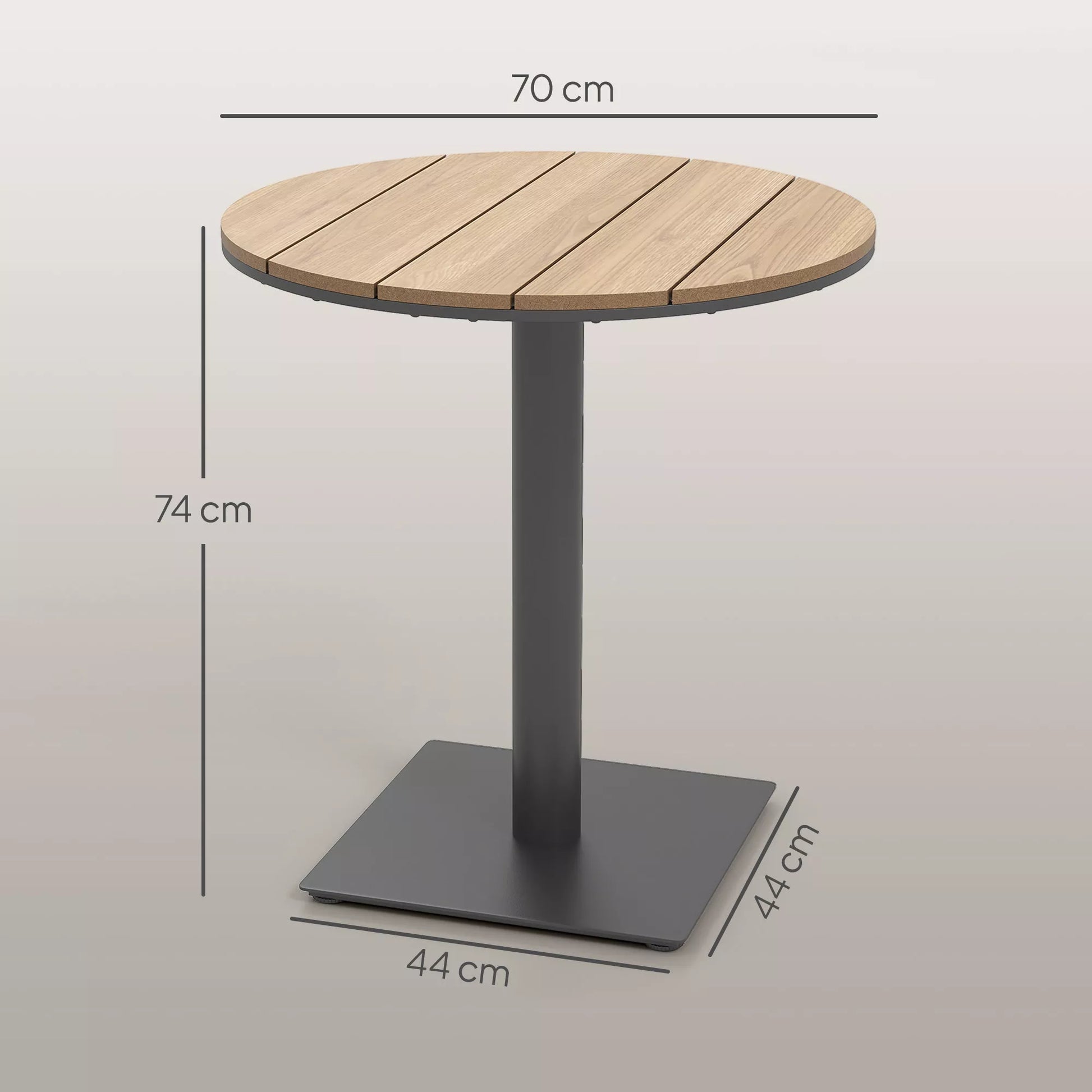 Sodo stalas Ø70 cm, atsparus atmosferos poveikiui Apvalus balkono stalas su lamelių dizainu, plienas Ø70 x 74H cm Natūralus medis