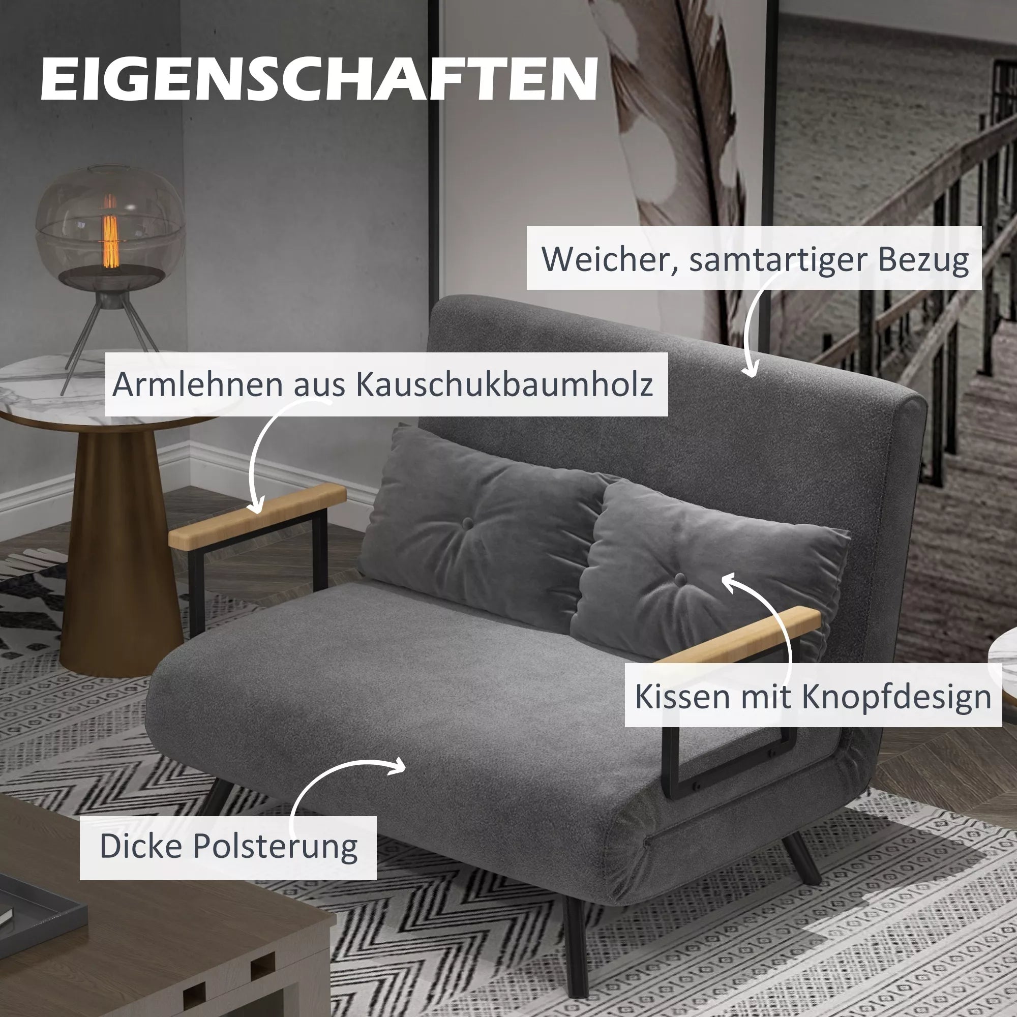Miegamasis sofos 2-vietė sofa Velvet sofa, miegamoji funkcija, įskaitant 2 pagalvės, velvetinis išvaizda, natūralus + tamsiai pilkas + juodas