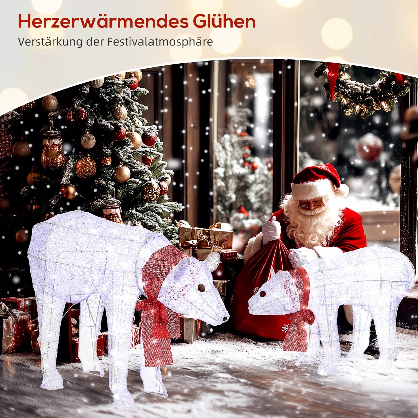 2 dalių kalėdinė dekoracija su baltuoju lokiu, 140 baltų LED, atspari vandeniui, su laikmačiu, skirta naudoti viduje ir lauke