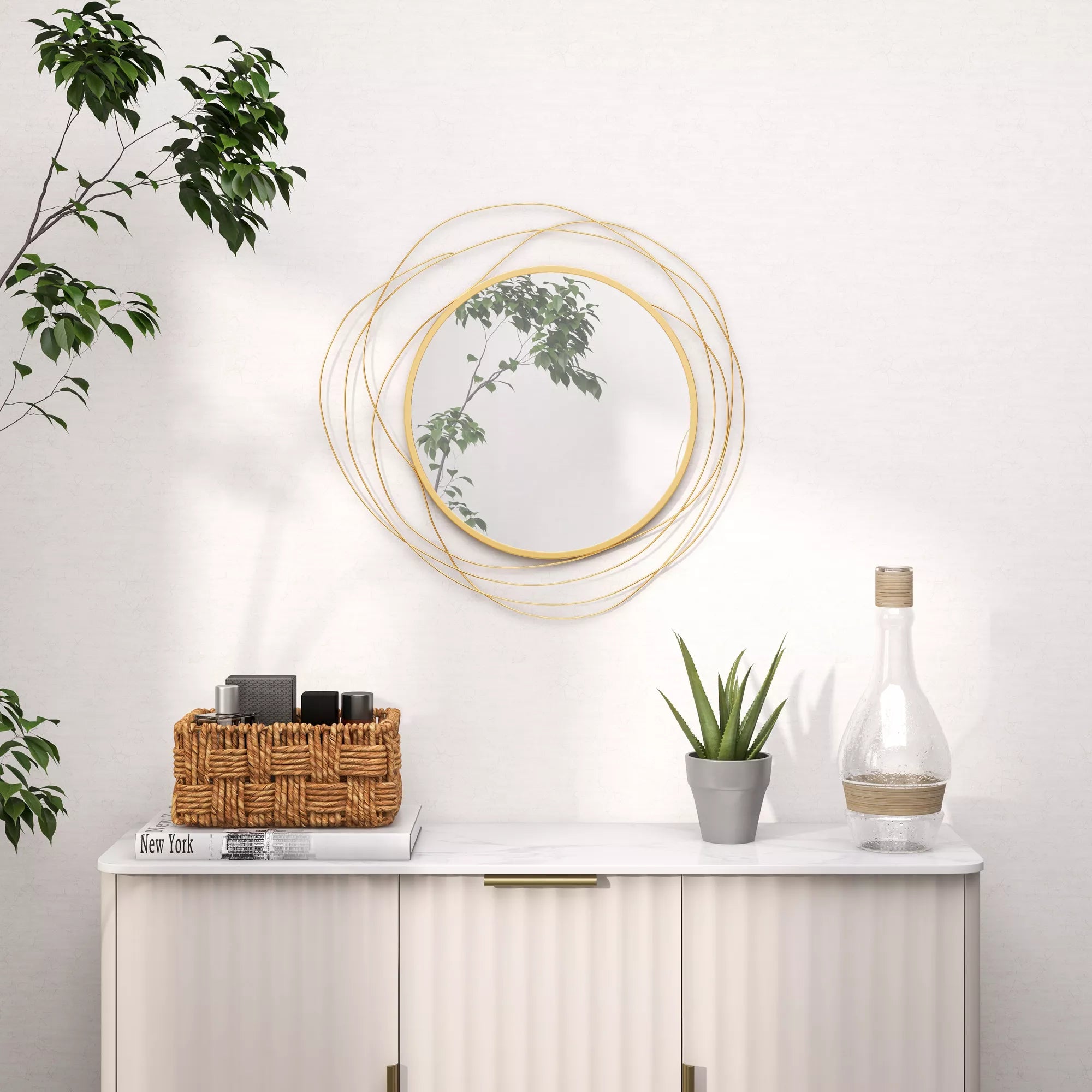 Sienų dekoracija, apvalus sieninis veidrodis, metalinis rėmas, Φ65 cm, spalva: auksinė