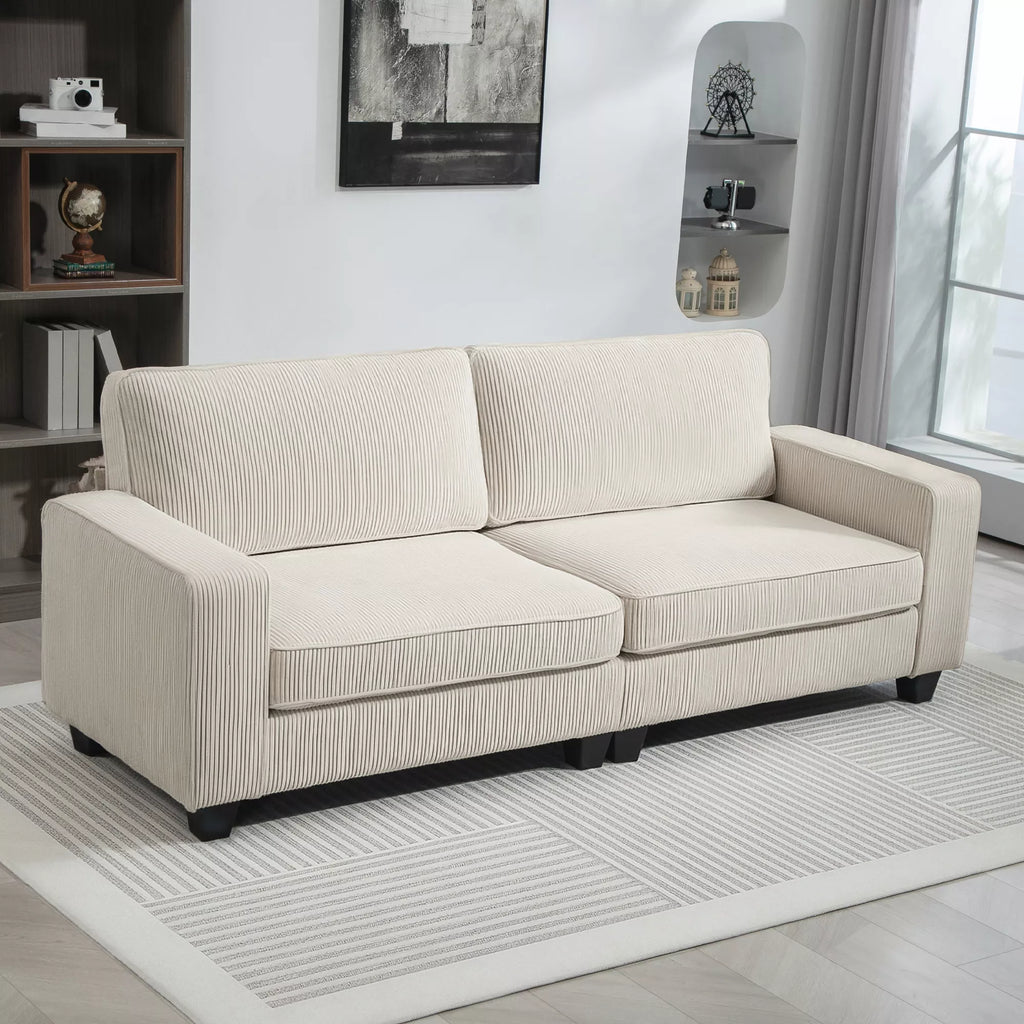 3 vietų sofa su velveto apmušalu, svetainės sofa su spyruokliniu pagrindu, iki 400 kg, 227 x 84 x 87 cm, kreminė balta