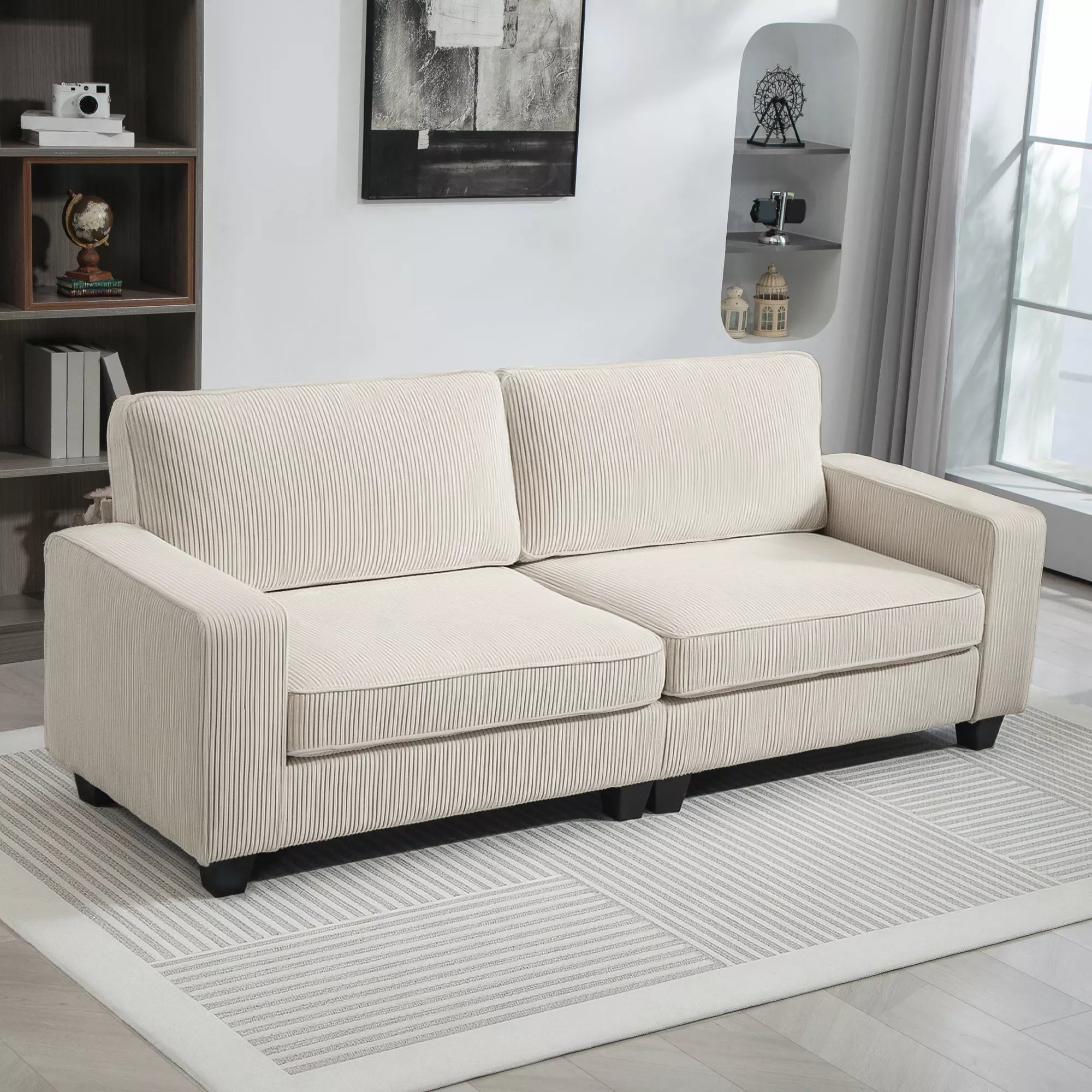 3 vietų sofa su velveto apmušalu, svetainės sofa su spyruokliniu pagrindu, iki 400 kg, 227 x 84 x 87 cm, kreminė balta