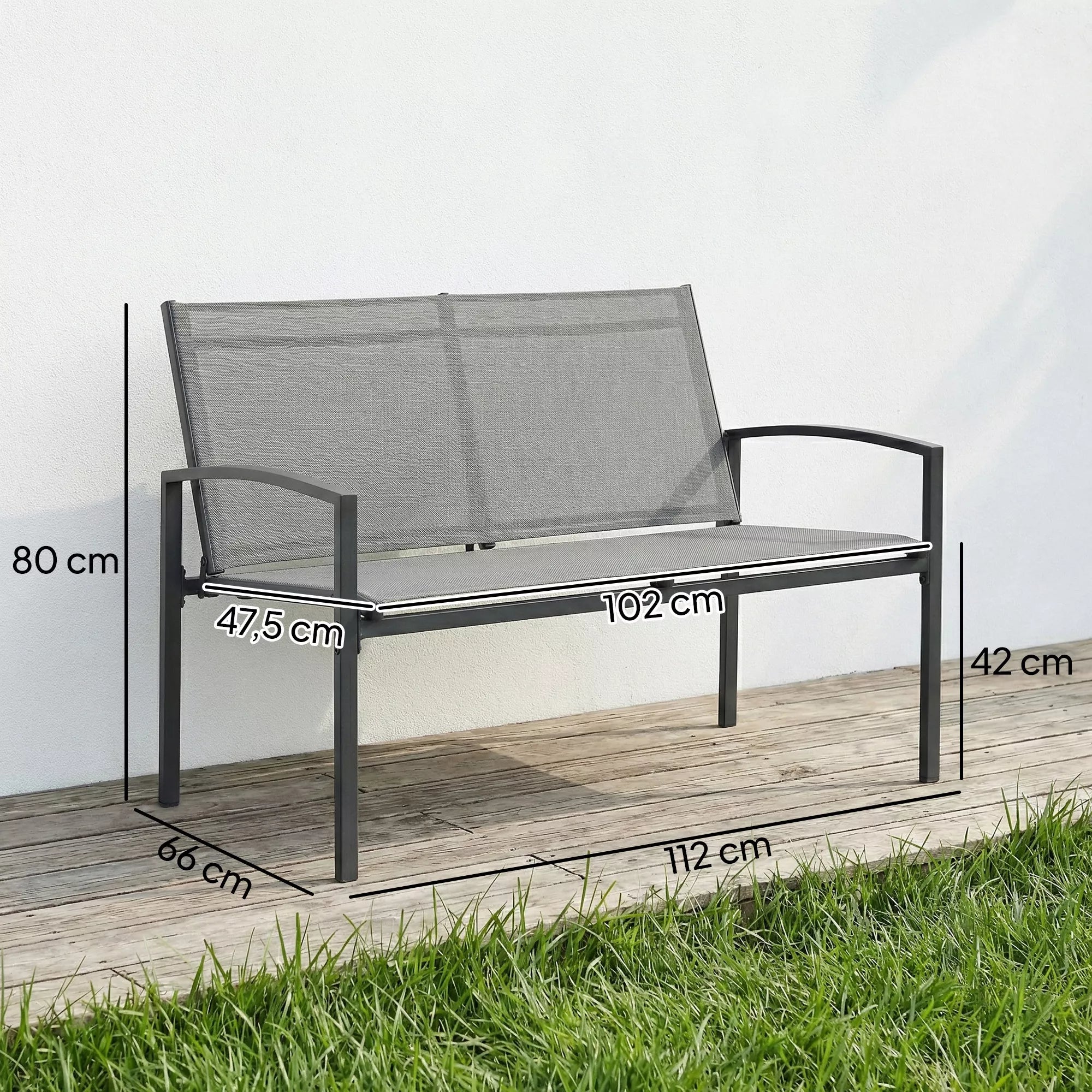 Sodo suoliukas dviems asmenims, atsparus oro sąlygoms, metalinis lauko suoliukas su kvėpuojančia sėdimoji dalimi ir išlenktomis porankėmis, 112 x 66 x 80 cm, pilkos spalvos