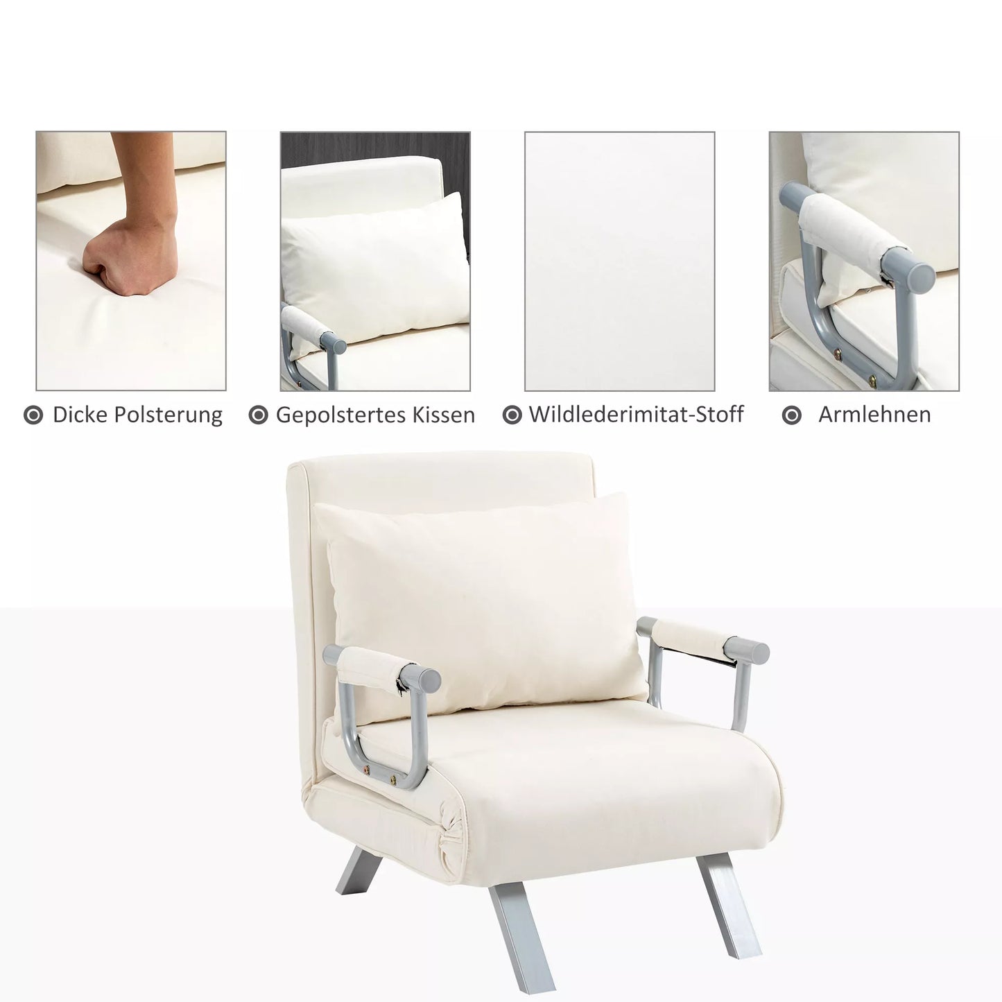 Relaksacinis fotelis, atlošiamas fotelis, miegamoji funkcija, 65 cm x 69 cm x 80 cm, kreminės baltos spalvos