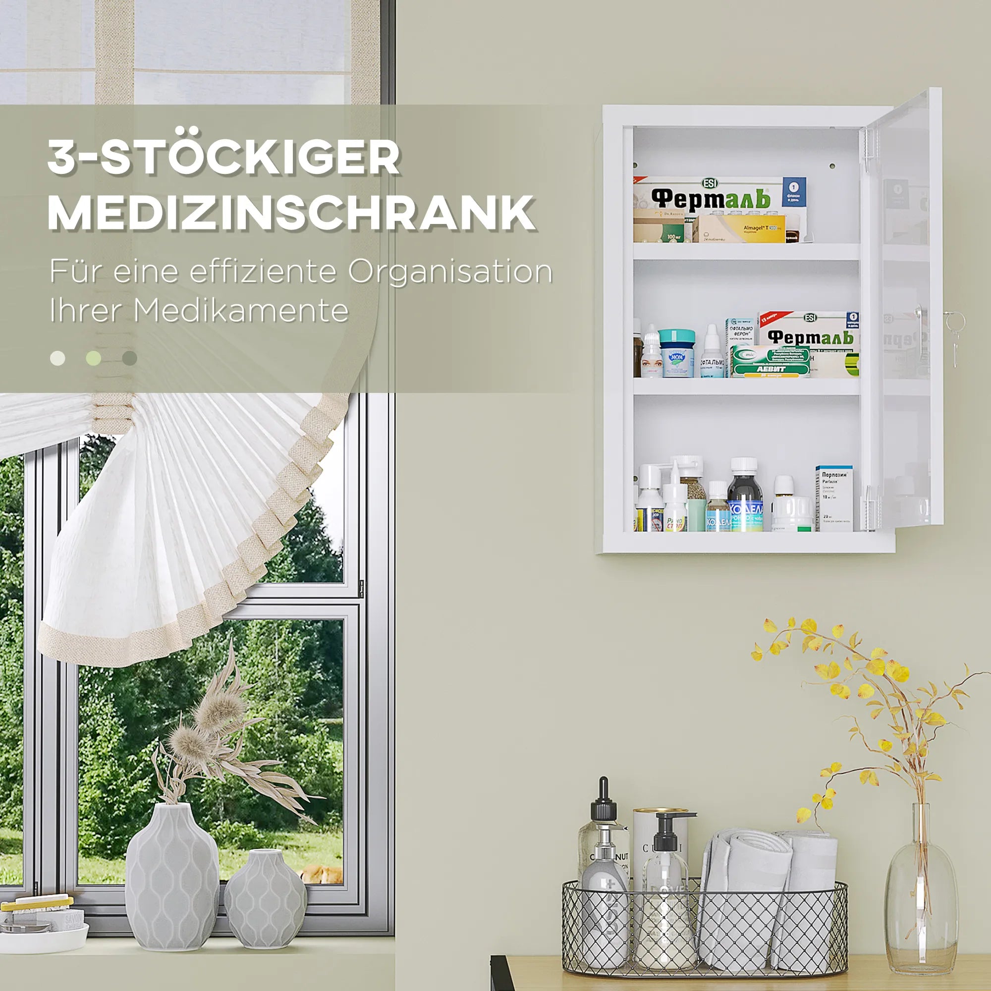 Medicinos spintelė, 3 skyriai, užrakinamos durys, tvirtas plieninis korpusas, balta, 30 x 14 x 46 cm