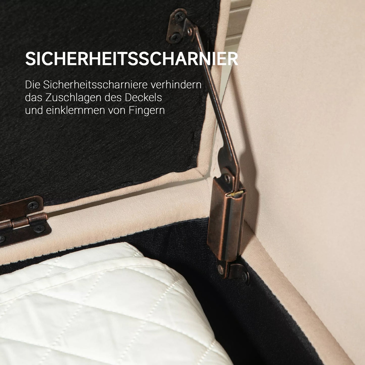 Minkštas suoliukas su daiktadėže, porankiais, samišku poliesteriu, kaučiukmedžio mediena, 107 x 42 x 65 cm, smėlio spalvos