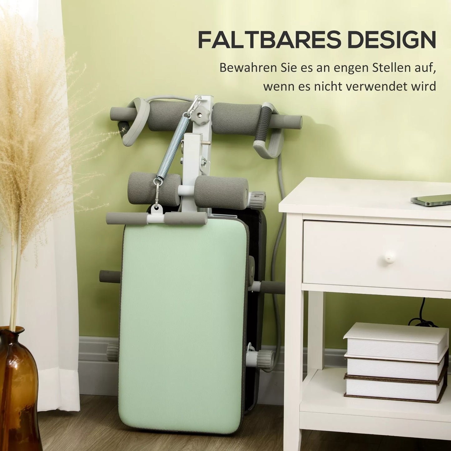 Treniruočių suolas, pilvo treniruoklis, reguliuojamas aukštis, sulankstomas, 2 pasipriešinimo juostos, plienas, žalias, 51 x 137 x 50-66 cm