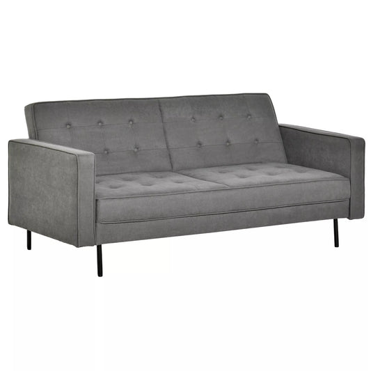 Miegamoji sofa 3 vietų, miegamoji sofa, audinio sofa su miegojimo funkcija, lova-sofa su reguliuojamu kampu, vintažinė, eukalipto mediena, medvilnė, pilka