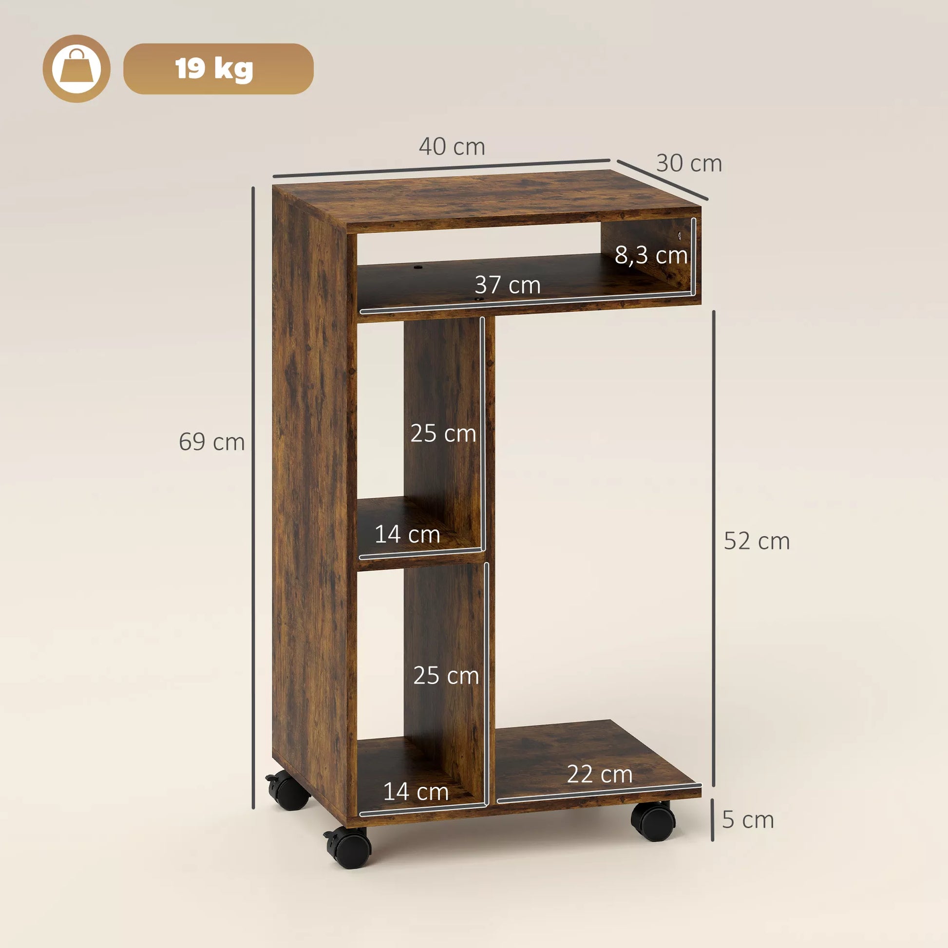 Stalinis staliukas, C formos serviravimo vežimėlis, 4 ratukai, 3 lentynos, 40 x 30 x 69 cm, Rusty-Brown