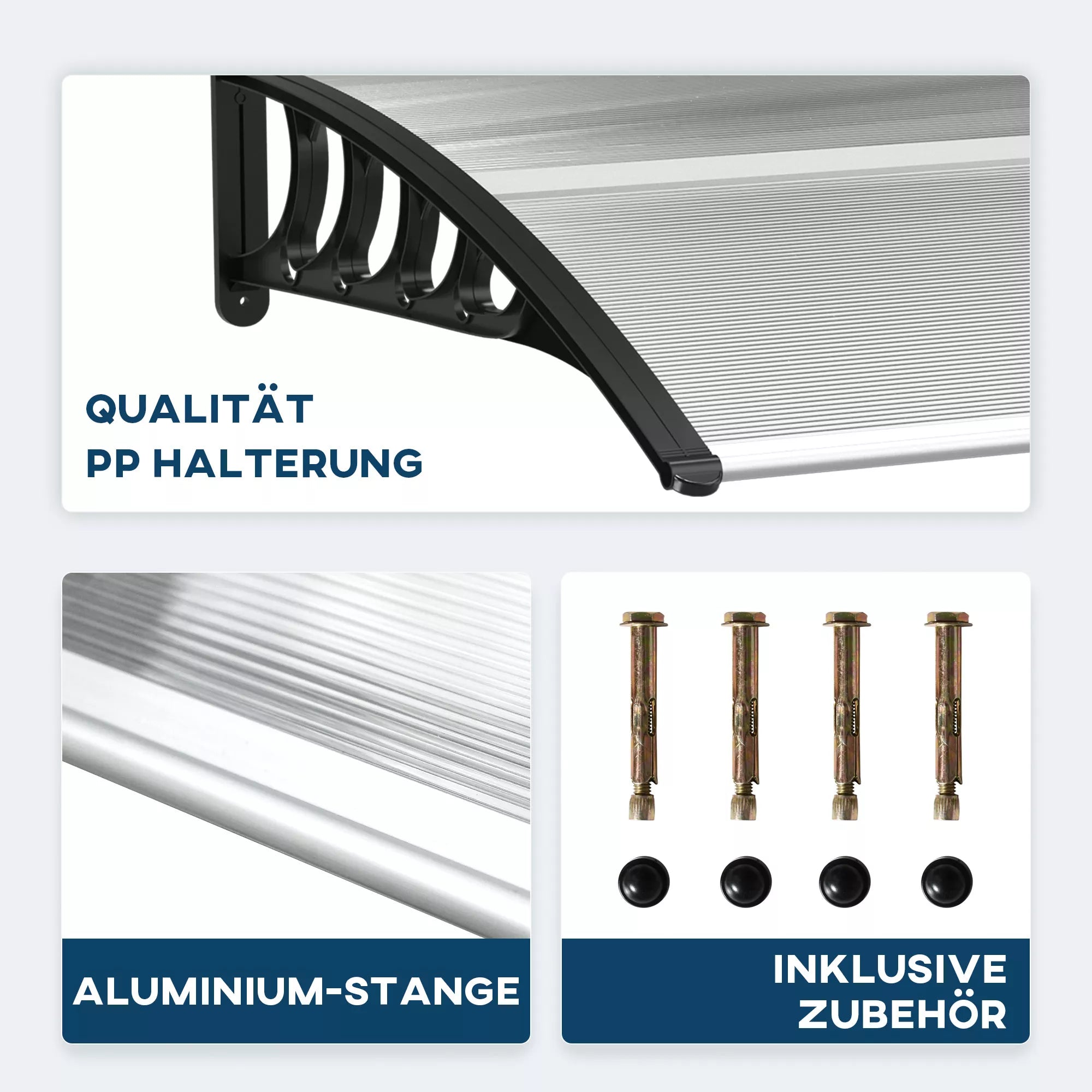 Stogelis prie įėjimo durų/langų, atsparus oro sąlygoms, skaidrus, su aliuminio jungiamosiomis juostomis ir polikarbonatu, 103x96,5x27 cm, juodos spalvos