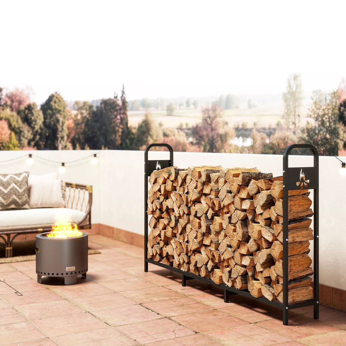 Metalo malkų laikiklis 199 x 30 x 121 cm, 0,6 m³ talpos, su vandeniui atspariu uždangalu, iki 300 kg